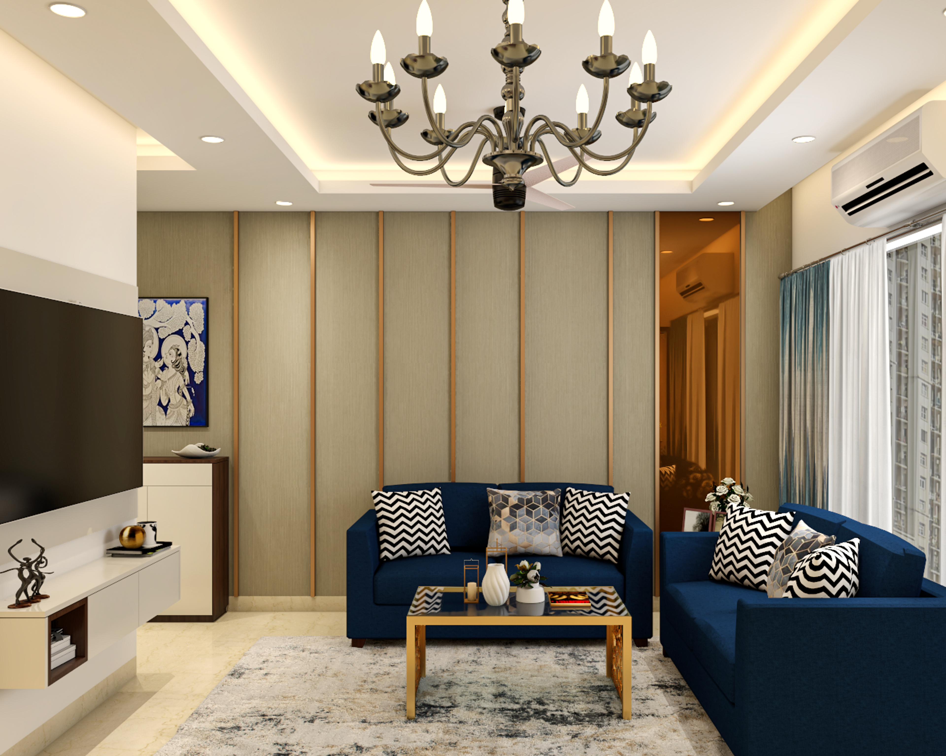 Contemporary Living Room Design With L-Shaped Blue Sofa And TV Unit