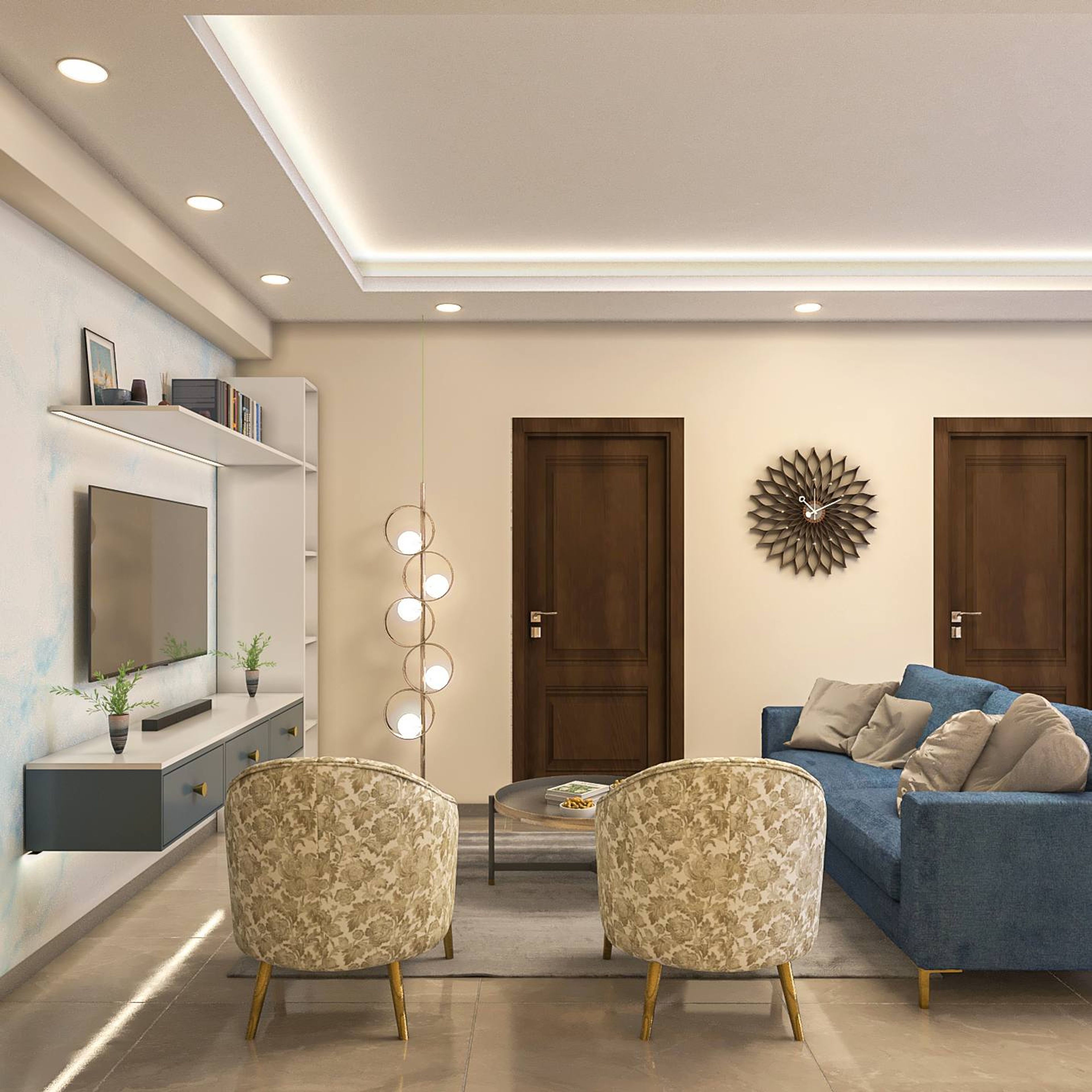 Modern Style Living Room Design With Blue Sofa And Floral Accent Chair