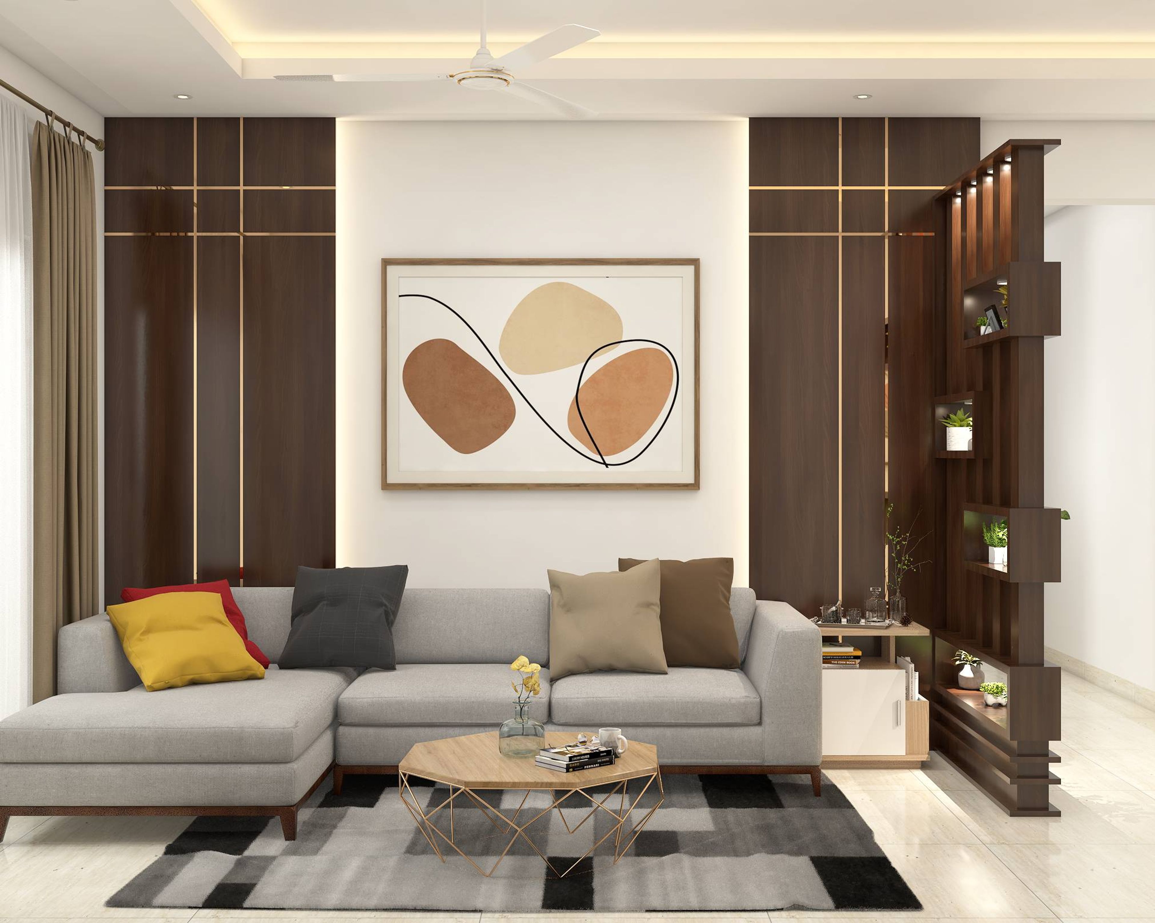 Modern Cosy Living Room Design With L-Shaped Sofa Design