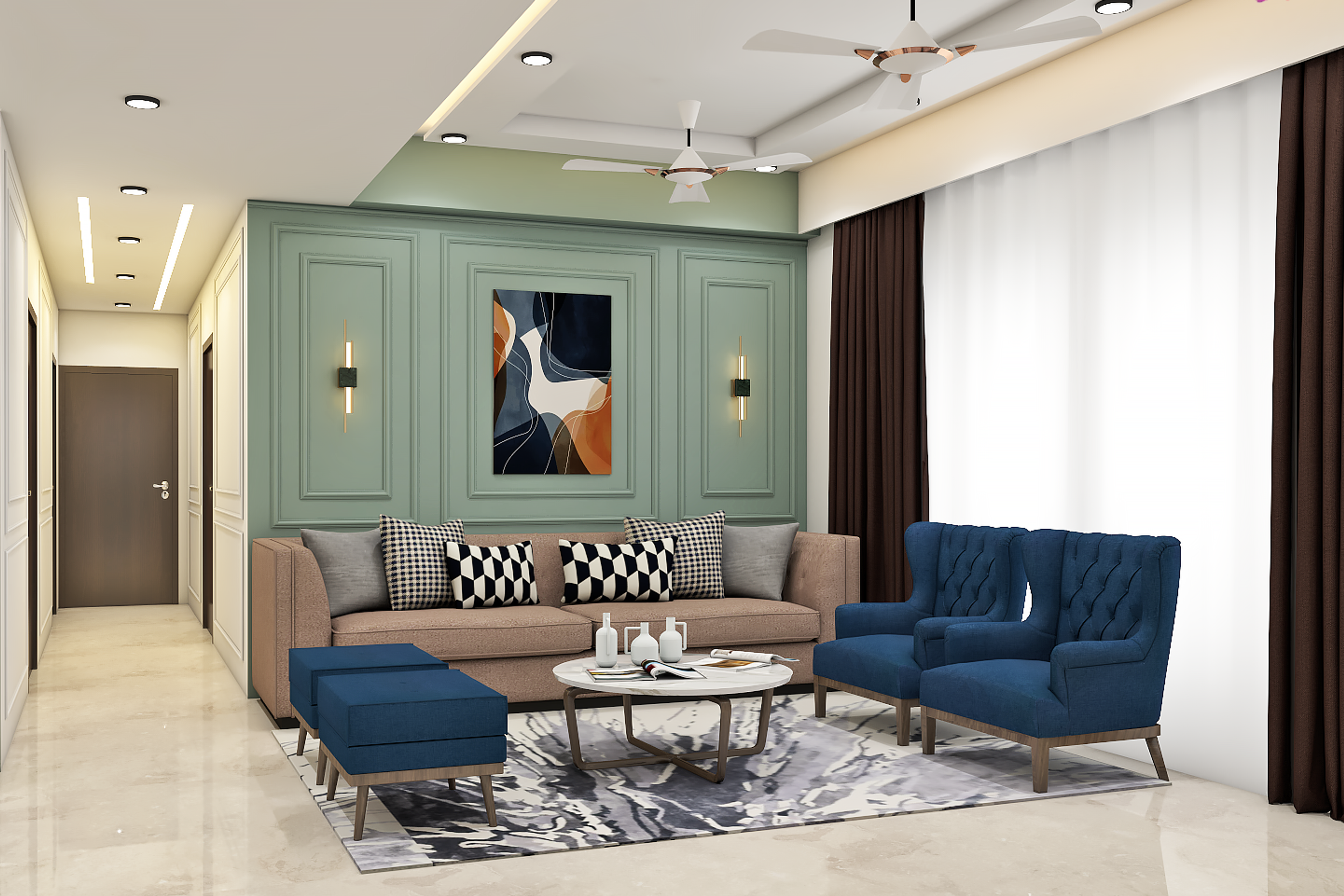 Classic Living Room Design With Green Accent Wall