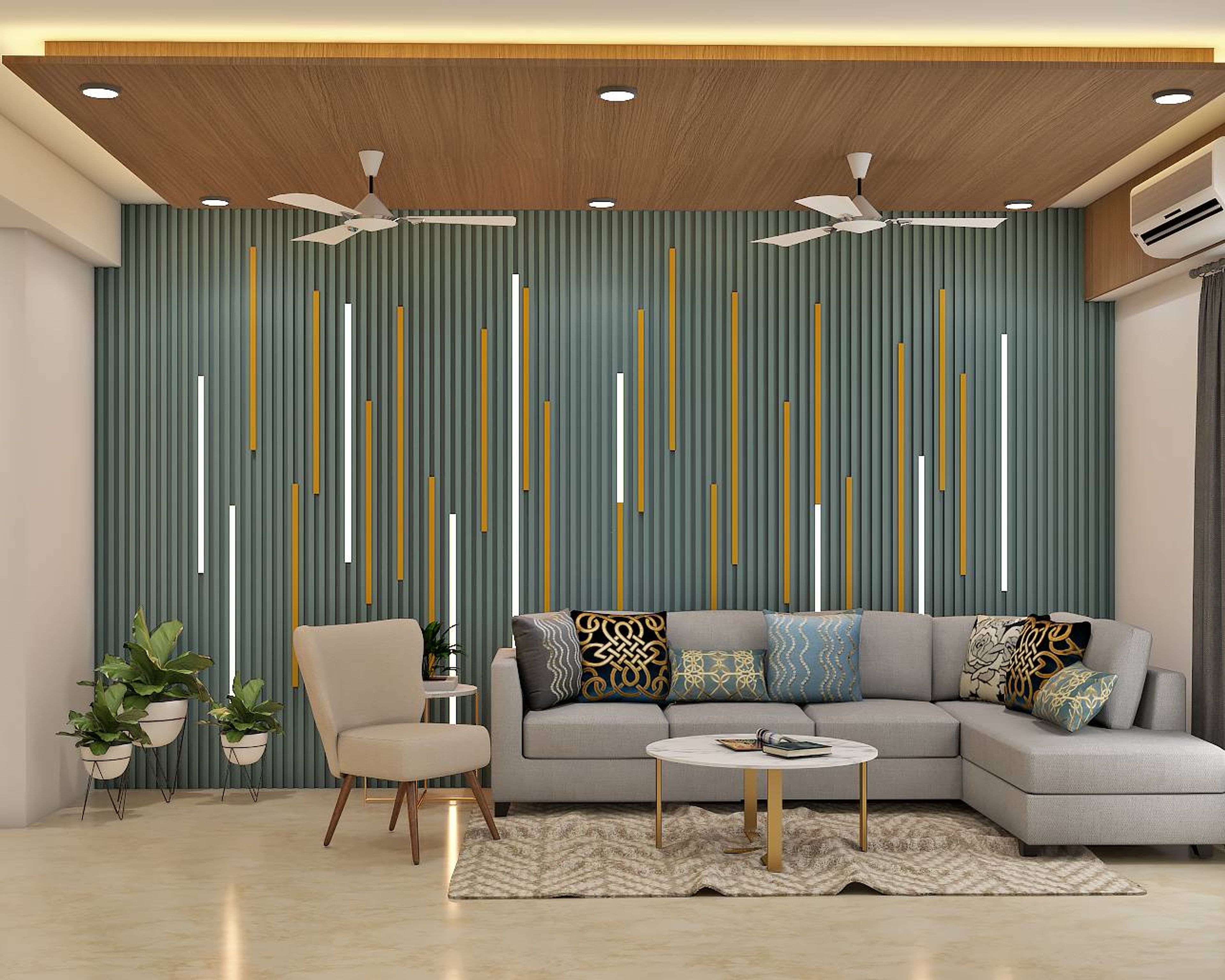 Modern Living Room With Wooden Ceiling - Livspace