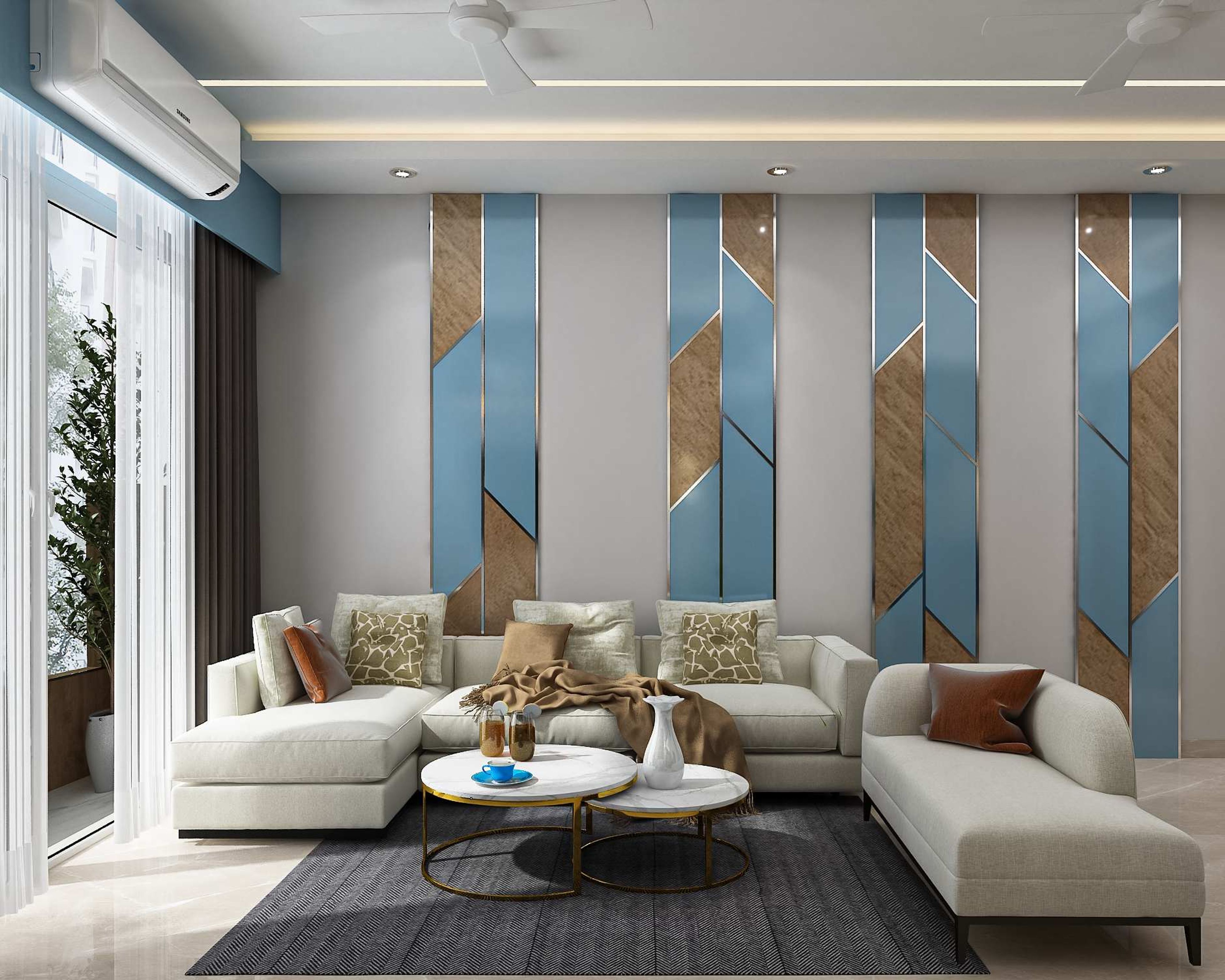 Spacious Living Room Design With L-Shaped Beige Seater