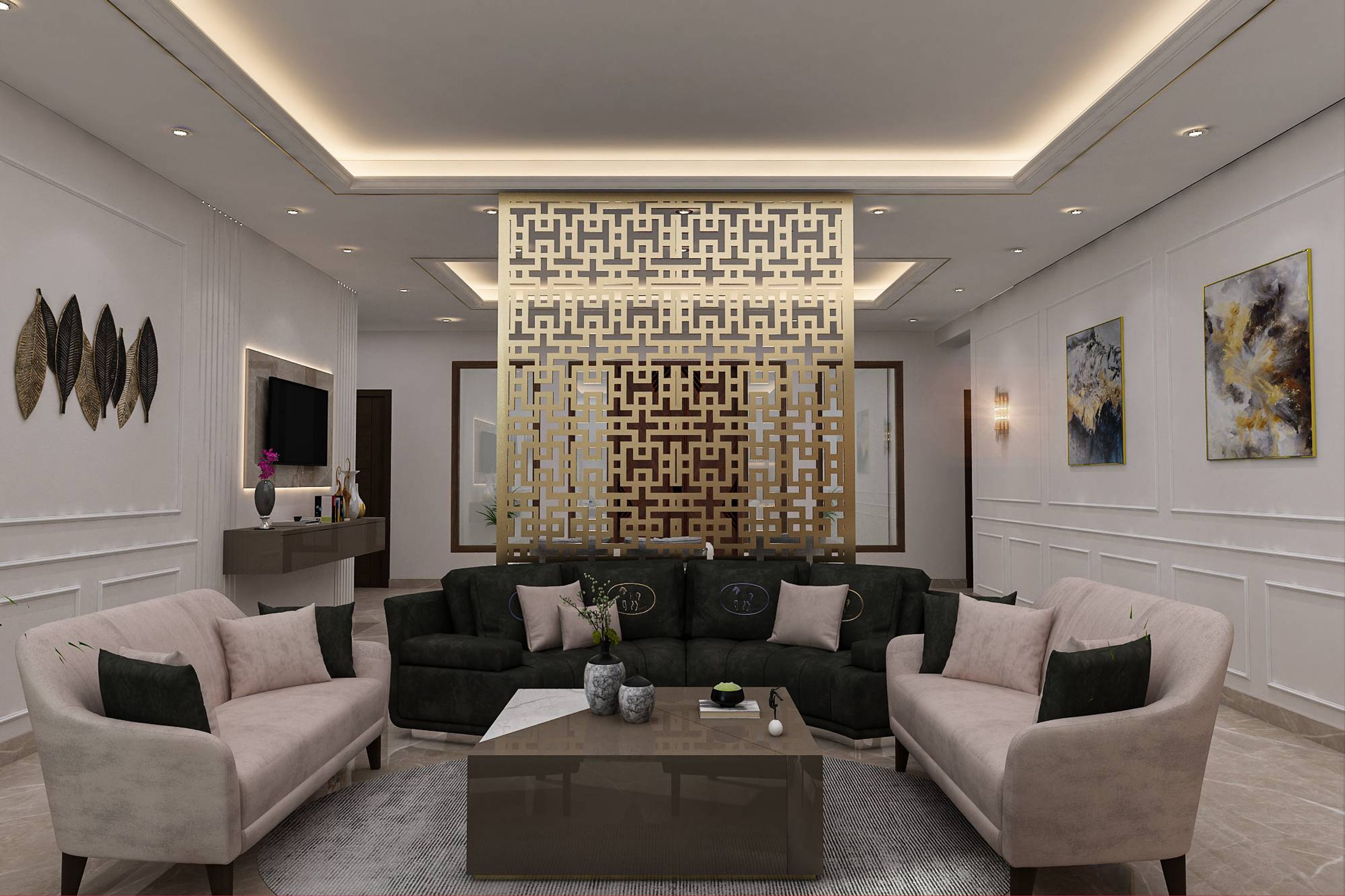 Living Room In Pink And Charcoal Brown - Livspace