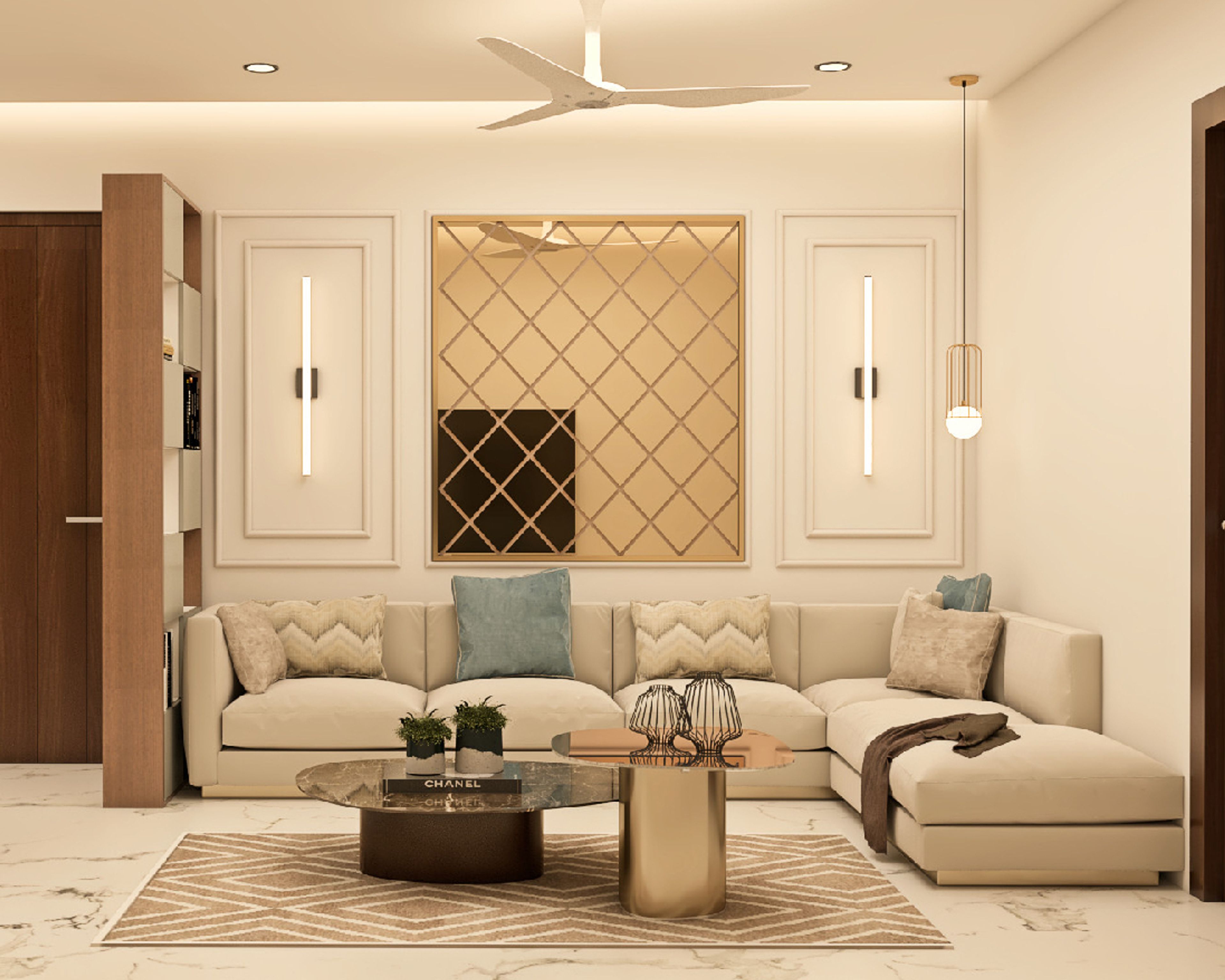Modern Living Room Design In Beige With Gold Accents And Partition Book Shelf