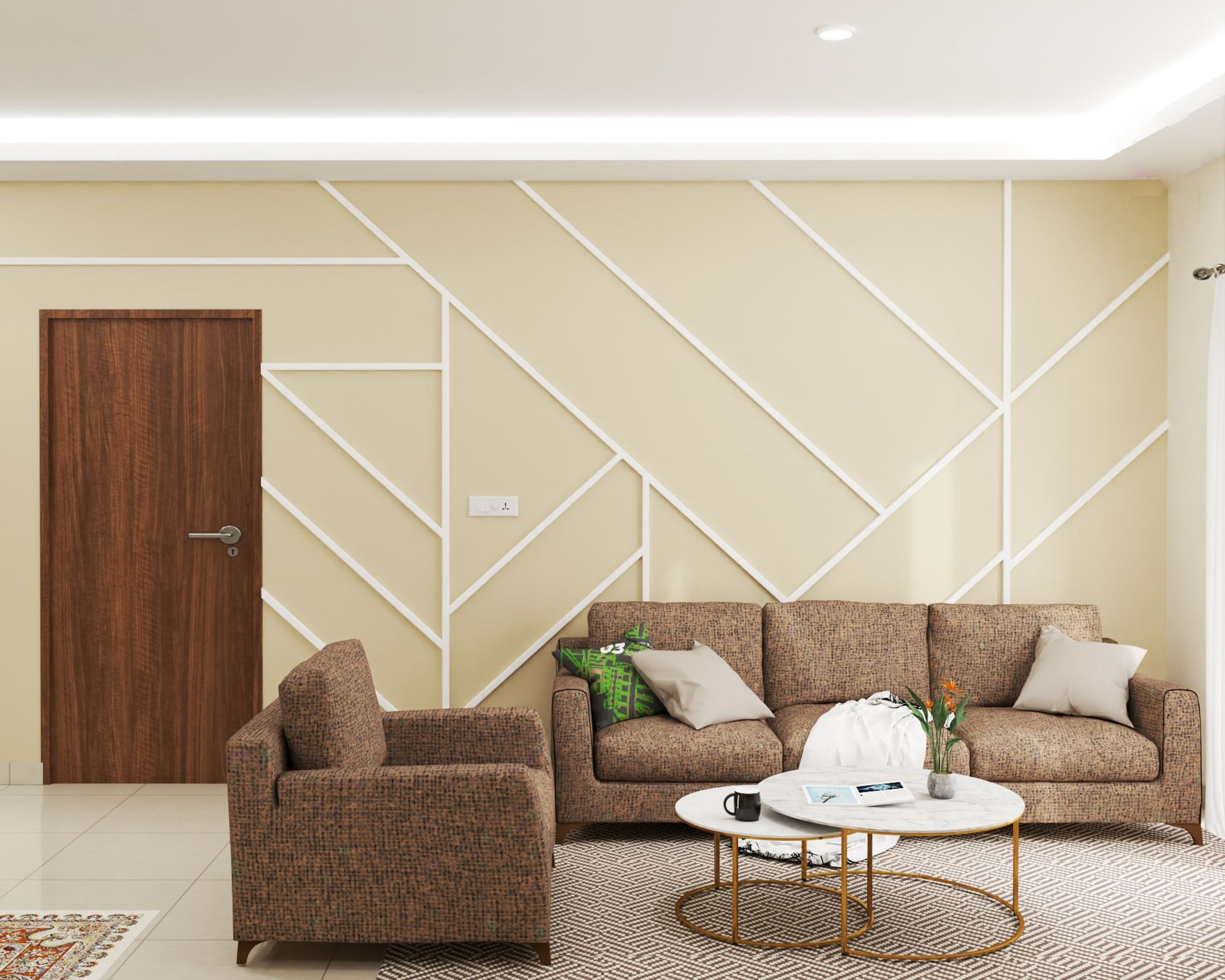 Spacious Living Room Design With Wall Trims And Zig-Zag Stripes