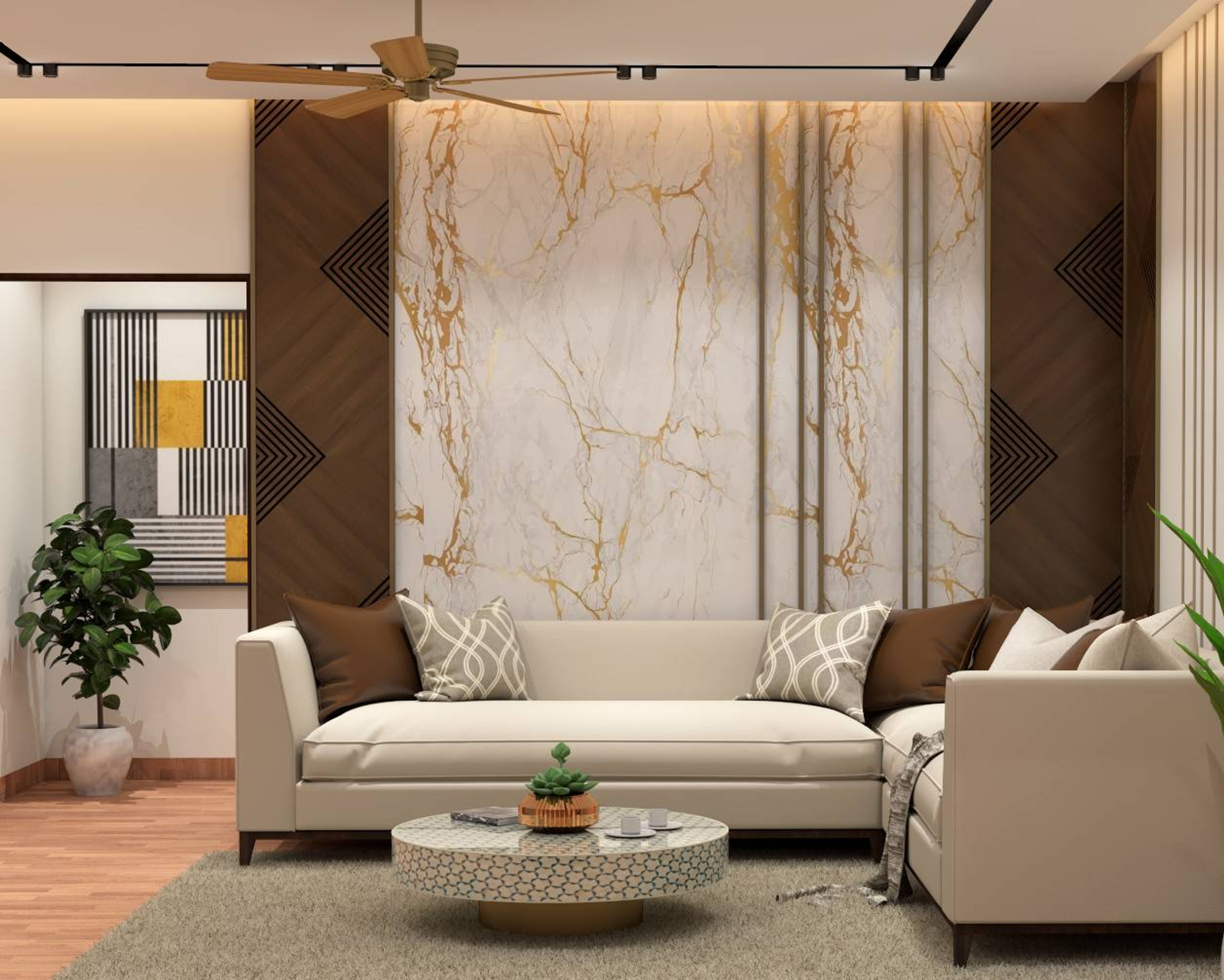 Contemporary Living Room Design With Marble Wall Design