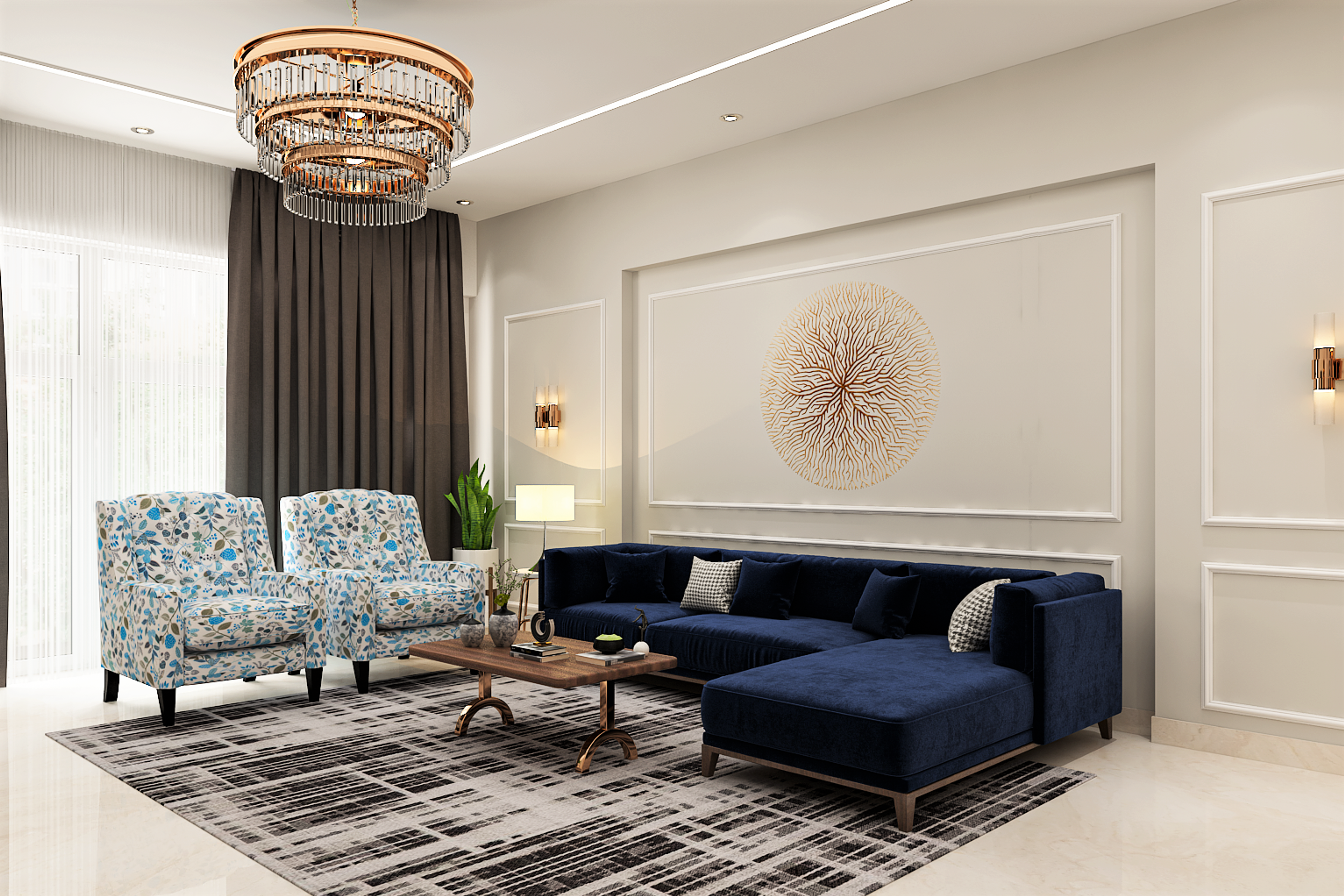 Convenient Classic Living Room Design With Blue Velvet Sofa