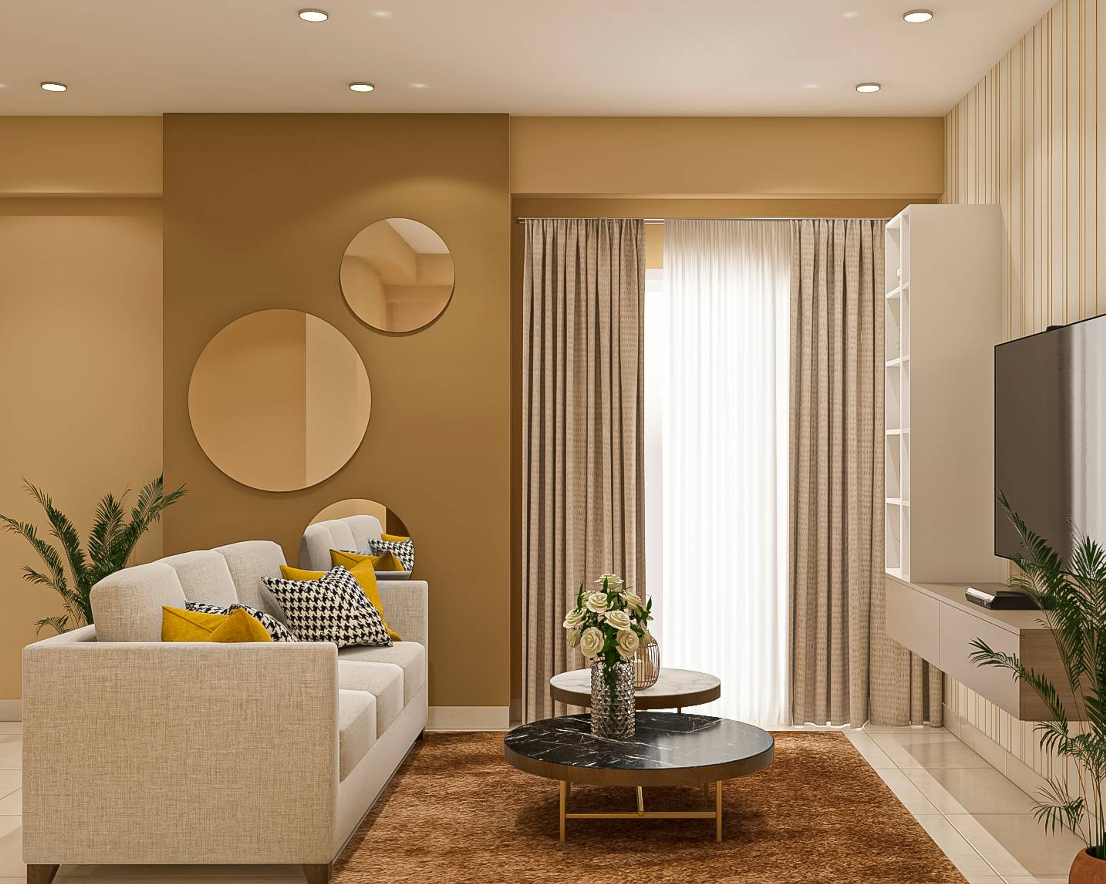 Modern Compact Living Room Design With Off-White 3-Seater