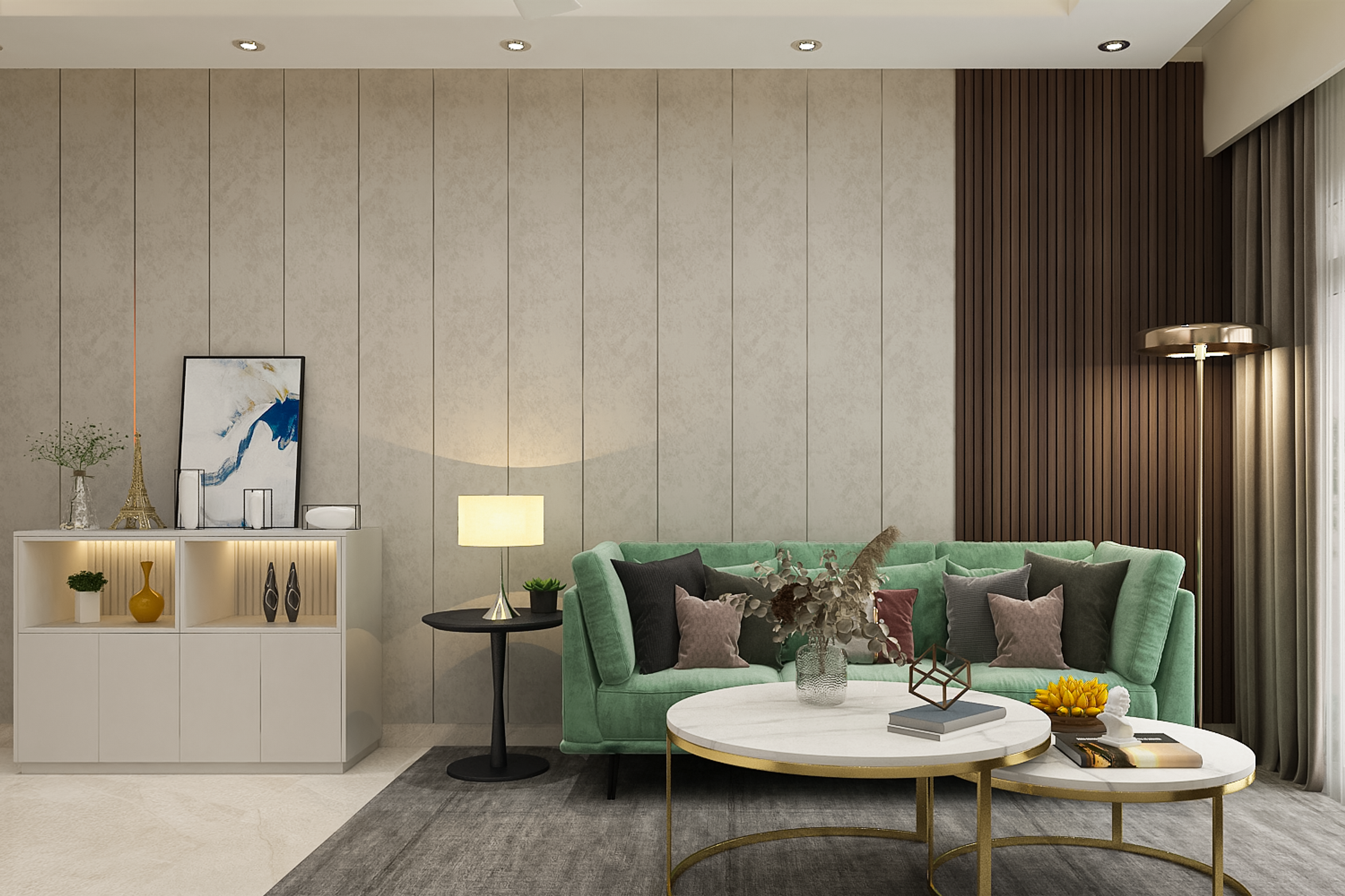 Modern Living Room Design With Sage Green Sofa And Wooden Fluted Panels