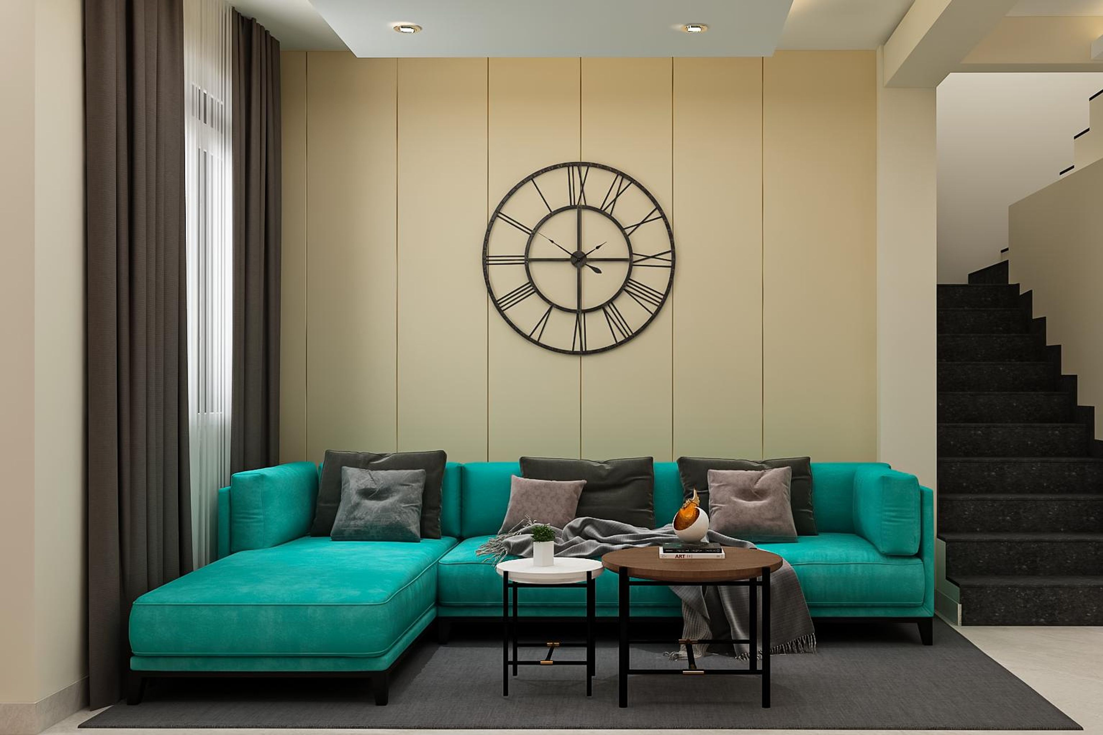 Living Room With Teal Sofa - Livspace