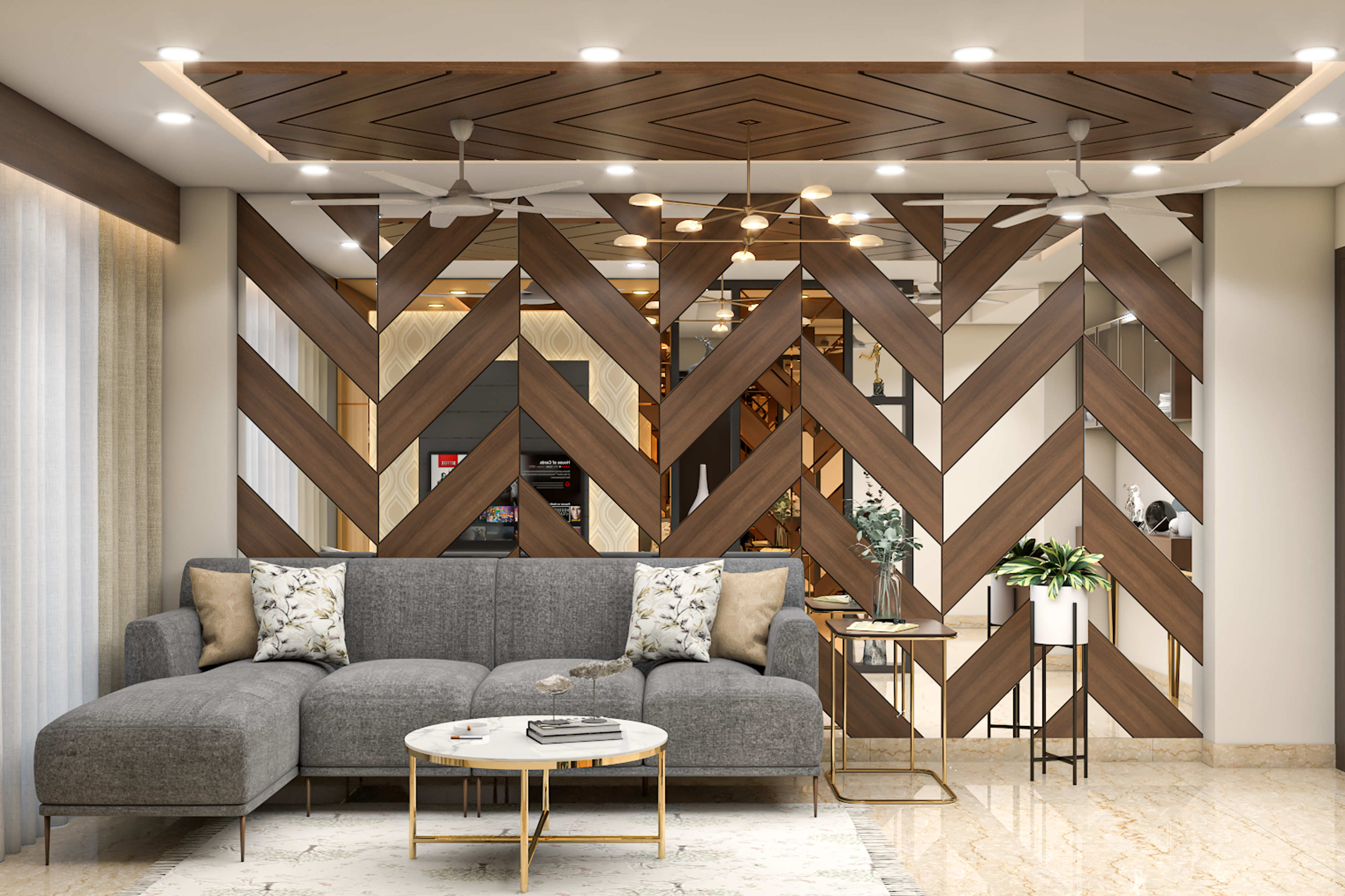 Modern Spacious Living Room Design With Grey L-Seater Sofa