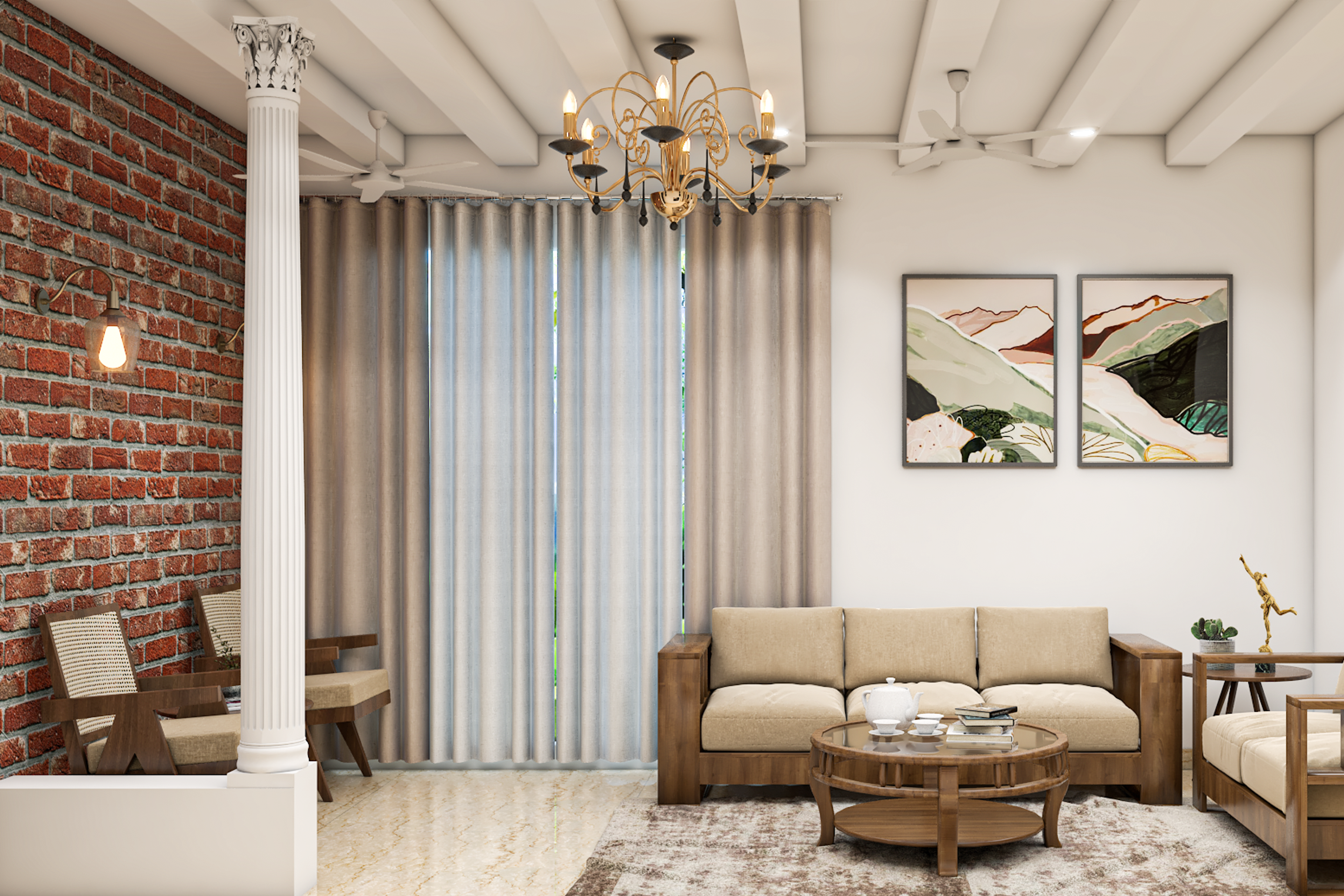 Rustic Living Room Design With Brick Accent Wall