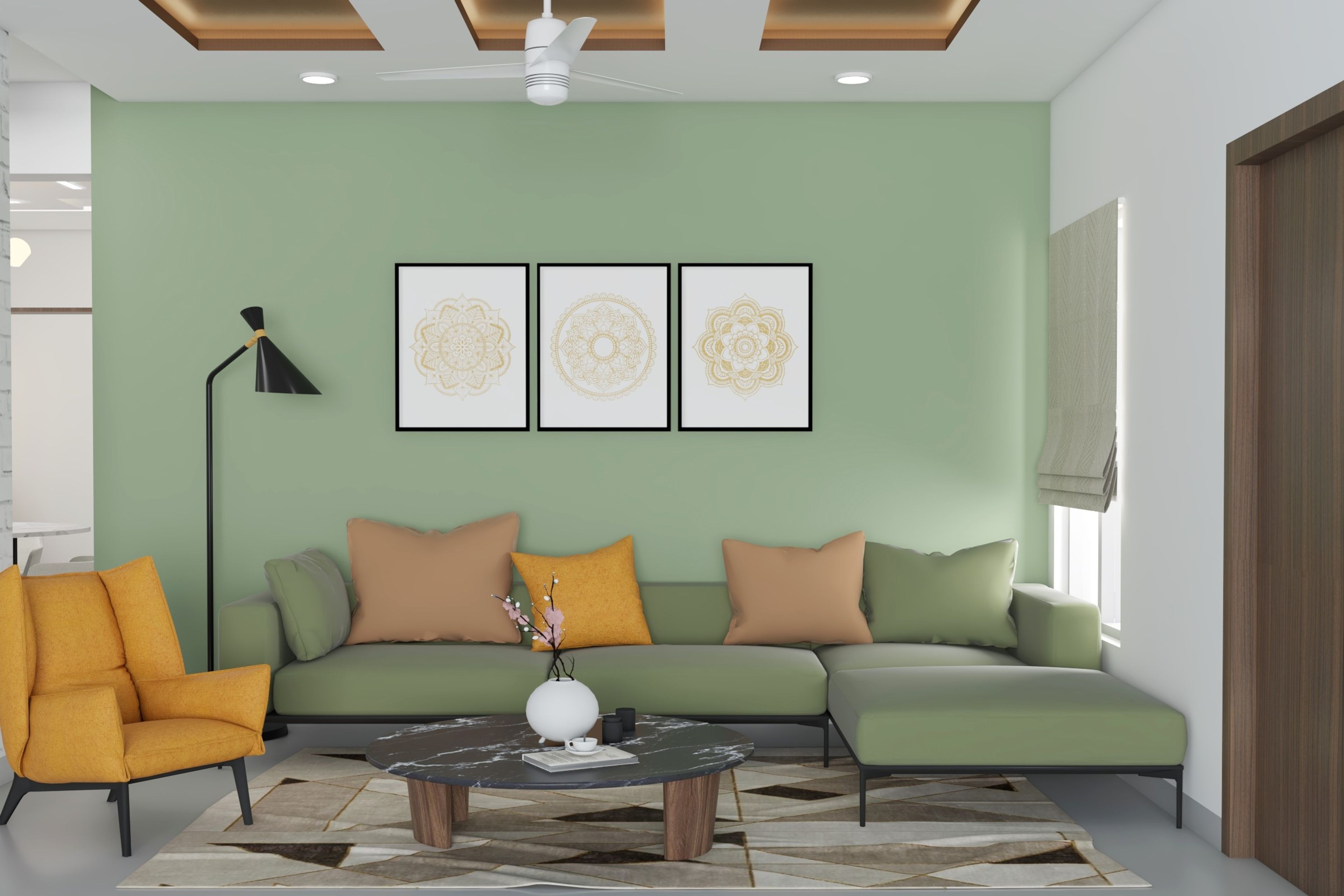 Contemporary Living Room Design With L-Shaped Green Sofa