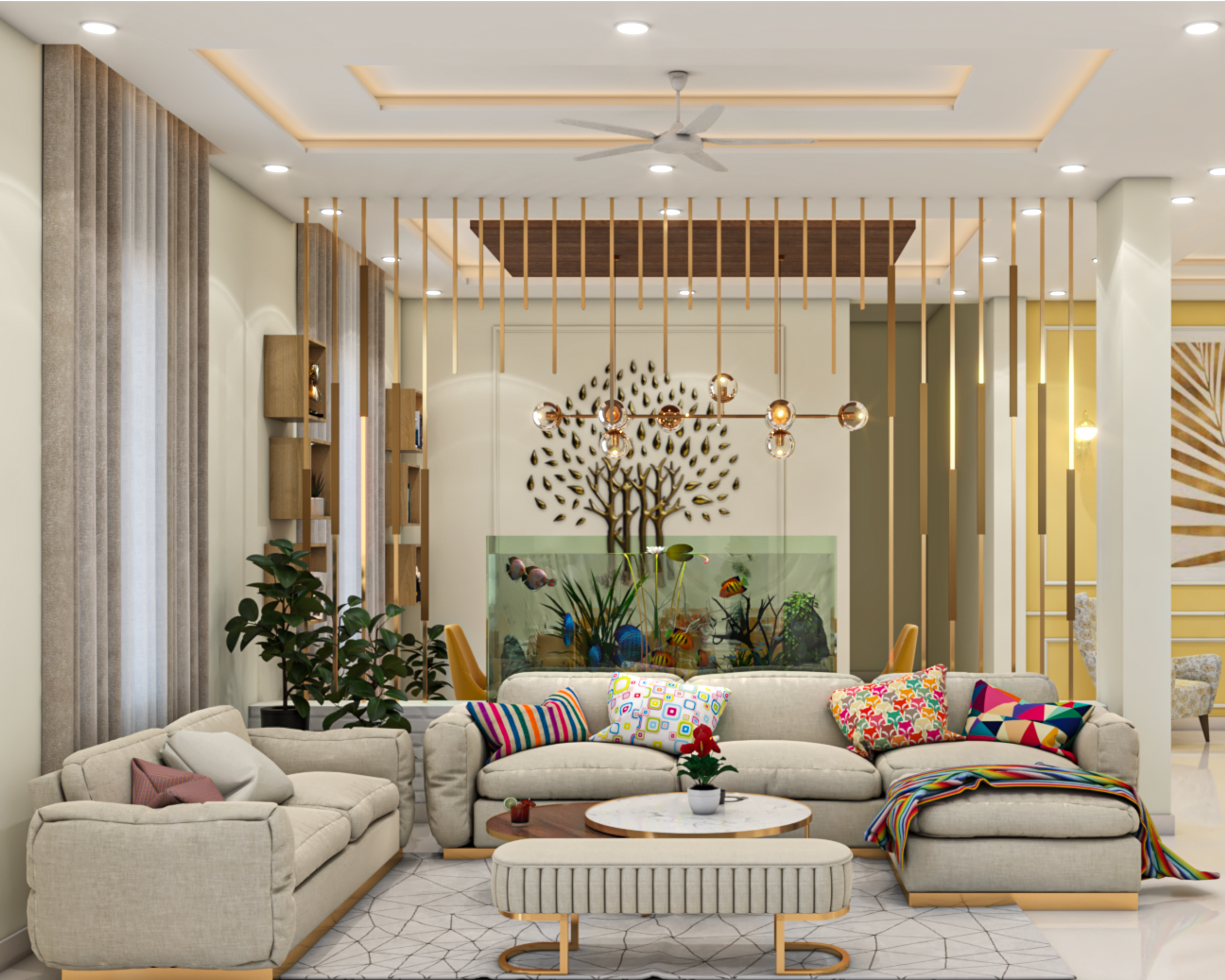 Contemporary Beige Living Room Design With L-Shaped Sofa Set