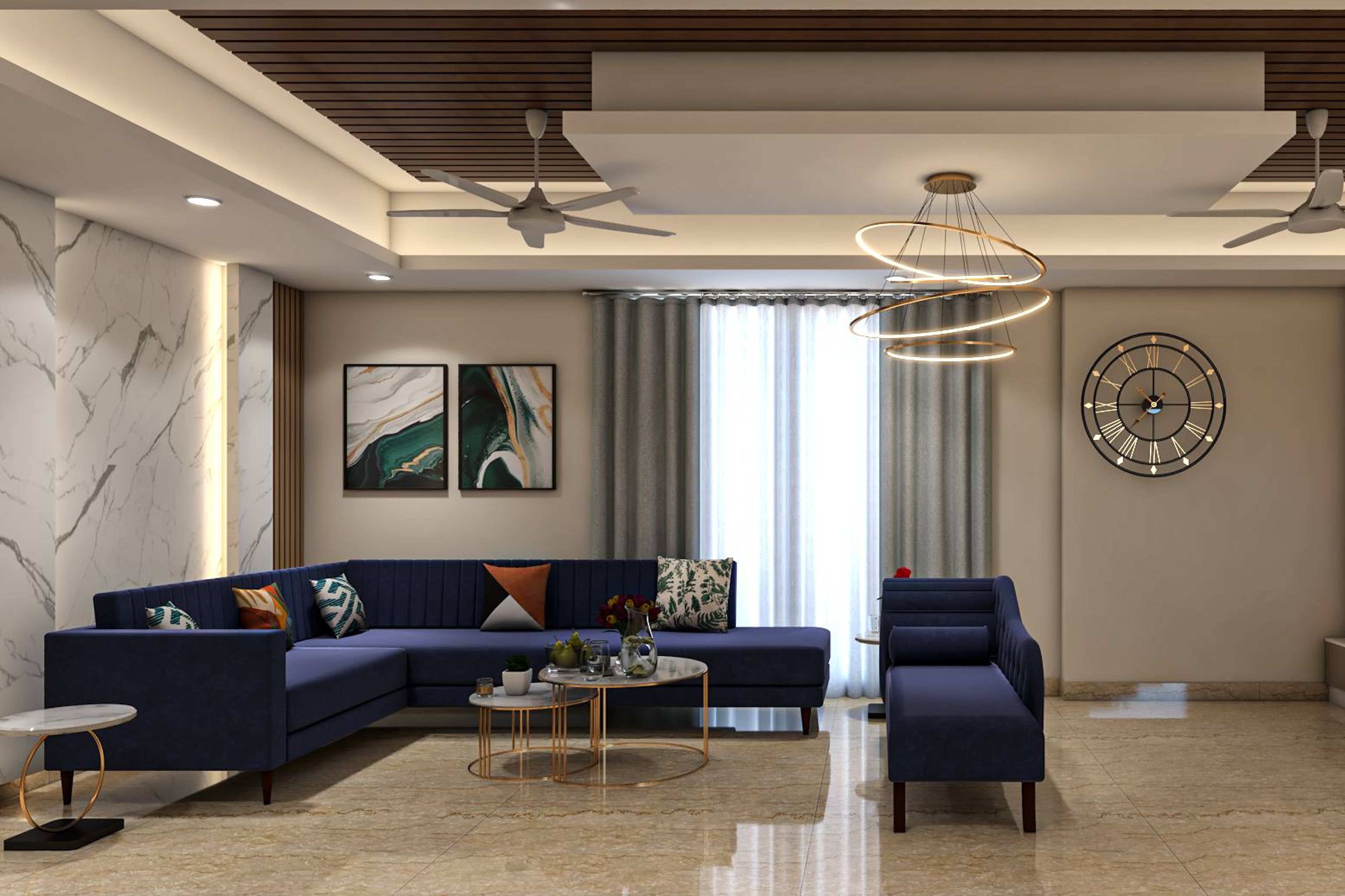 Contemporary Living Room Design With Blue L-Shaped Sofa