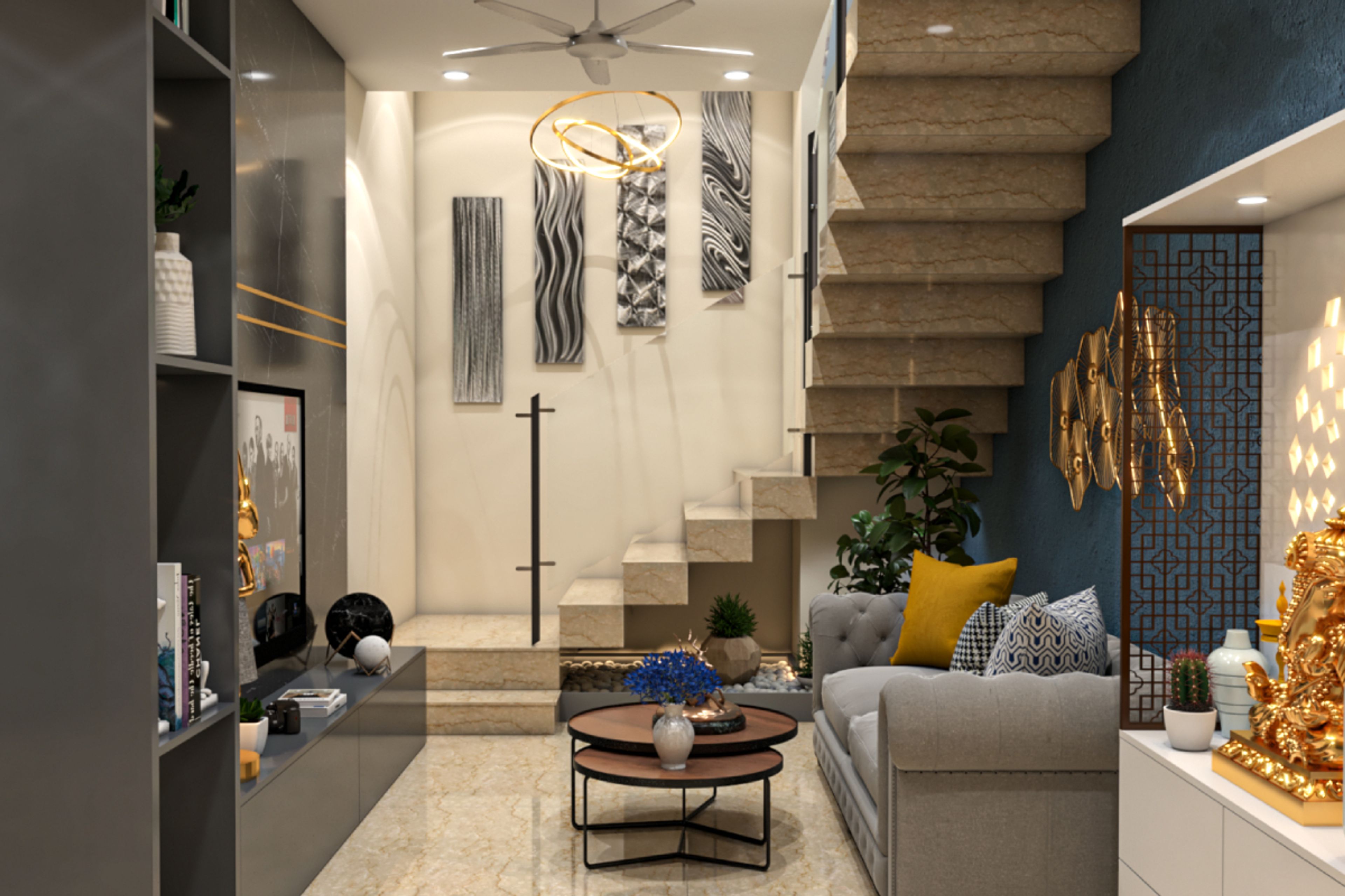 Eclectic Living Room Design With Spiral Staircase - Livspace