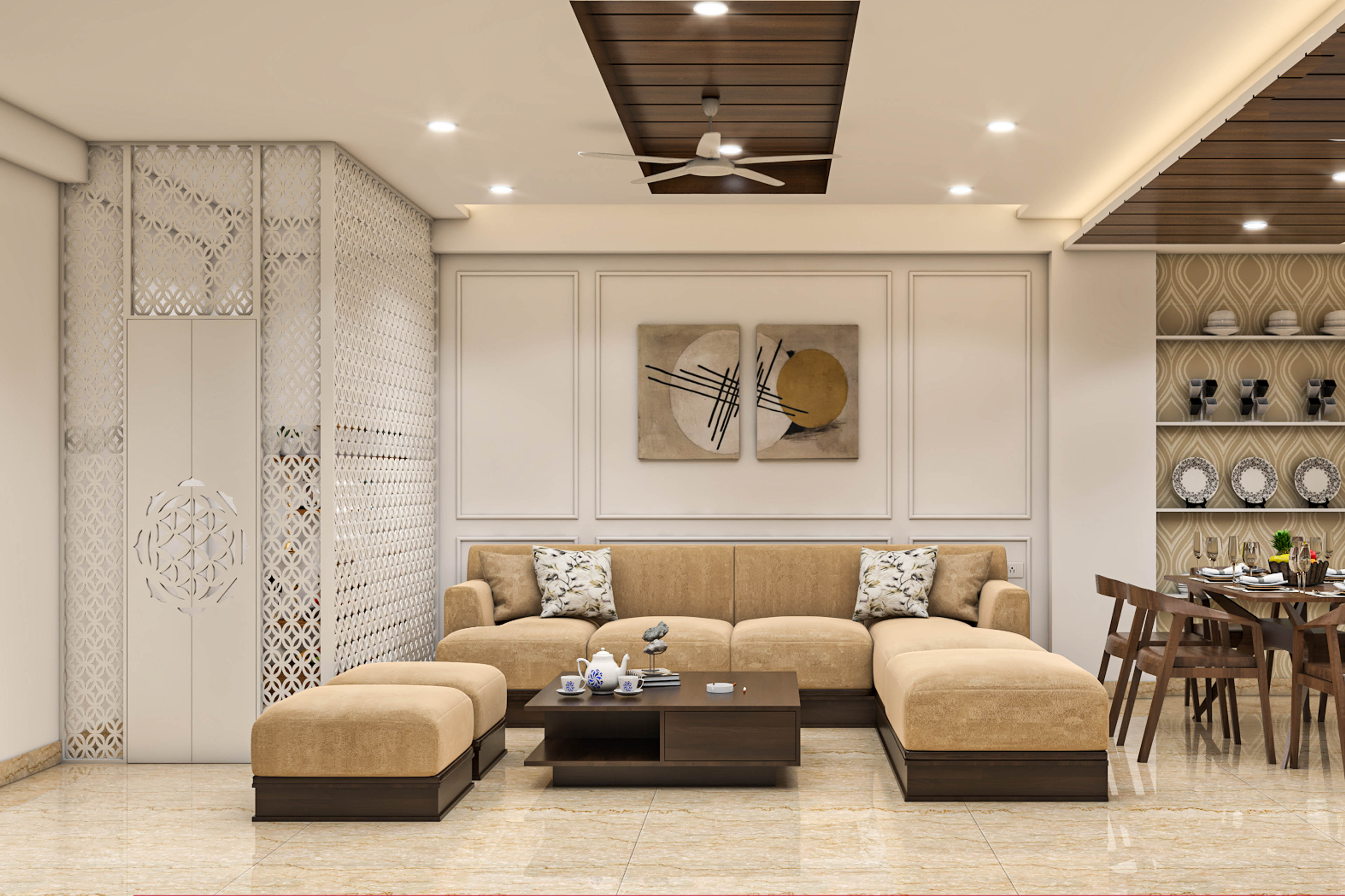 Modern Beige U-Shaped Living Room Design
