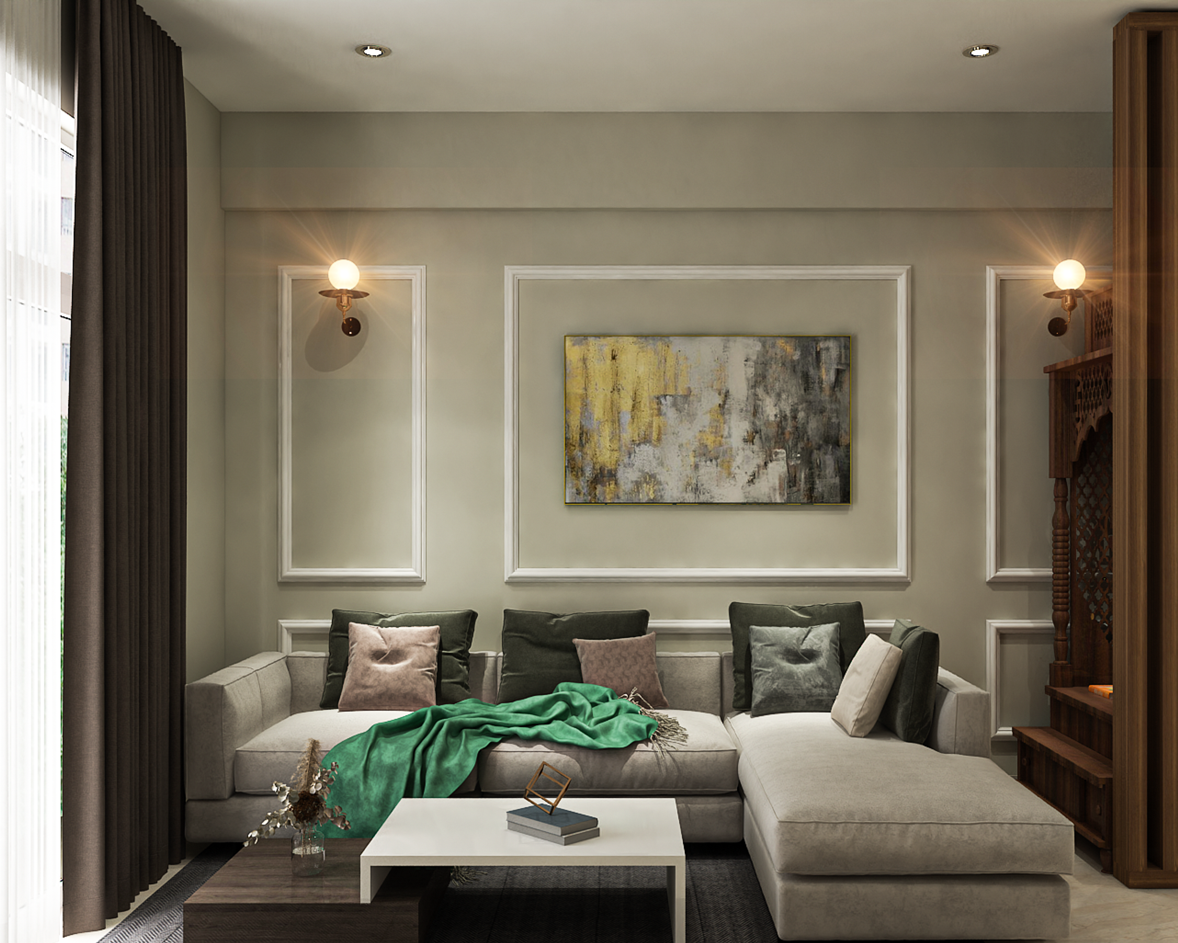 Modern Living Room With Mild Grey Seater  - Livspace