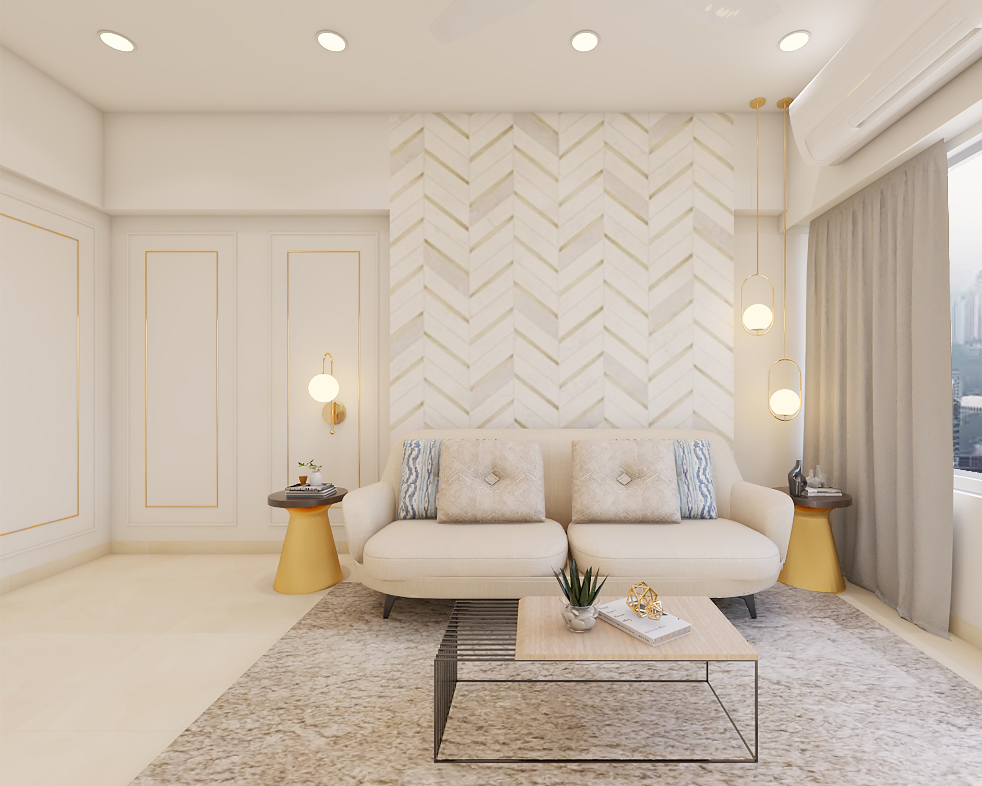 Minimal Creamy Living Room Design With Yellow Side Tables