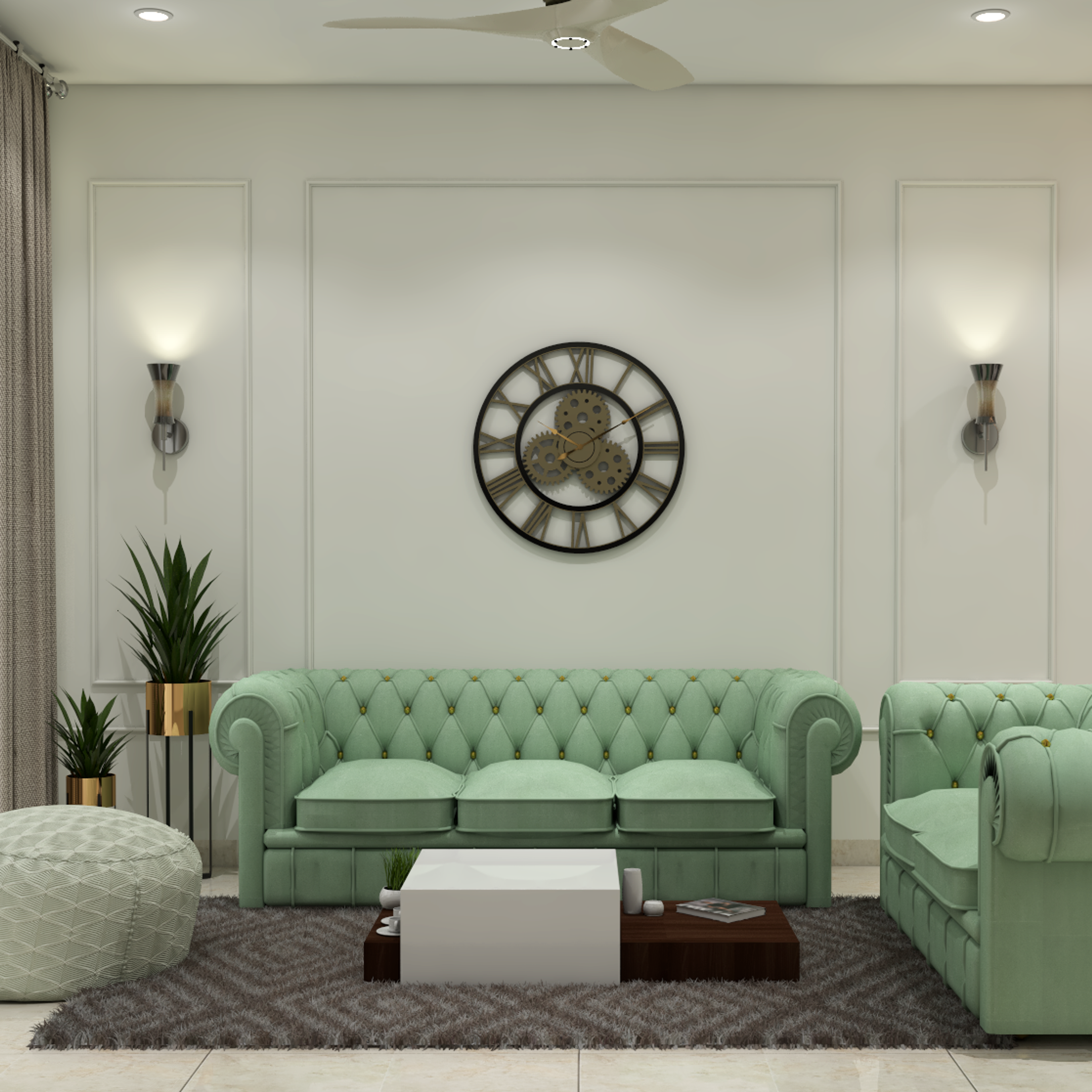 Pastel Green Modern Living Room Design With White Trims