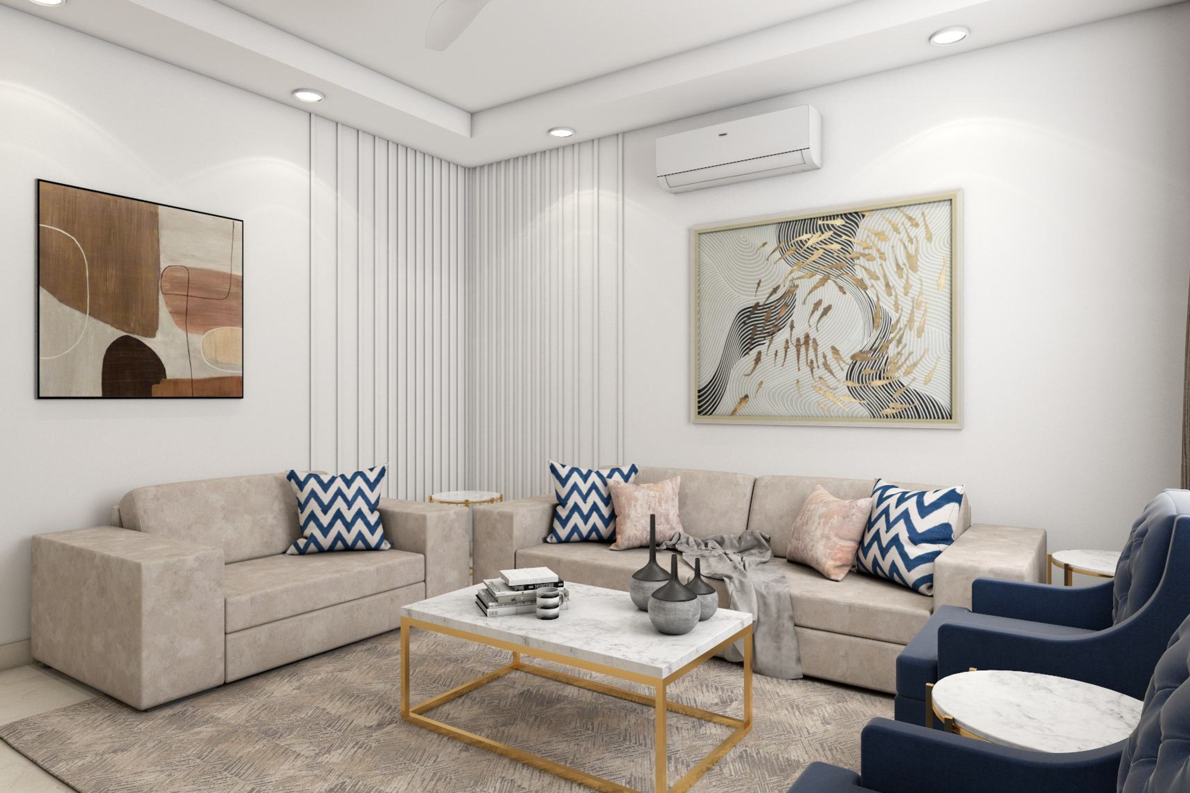 Spacious Living Room Design With Beige L-Shaped Sofa