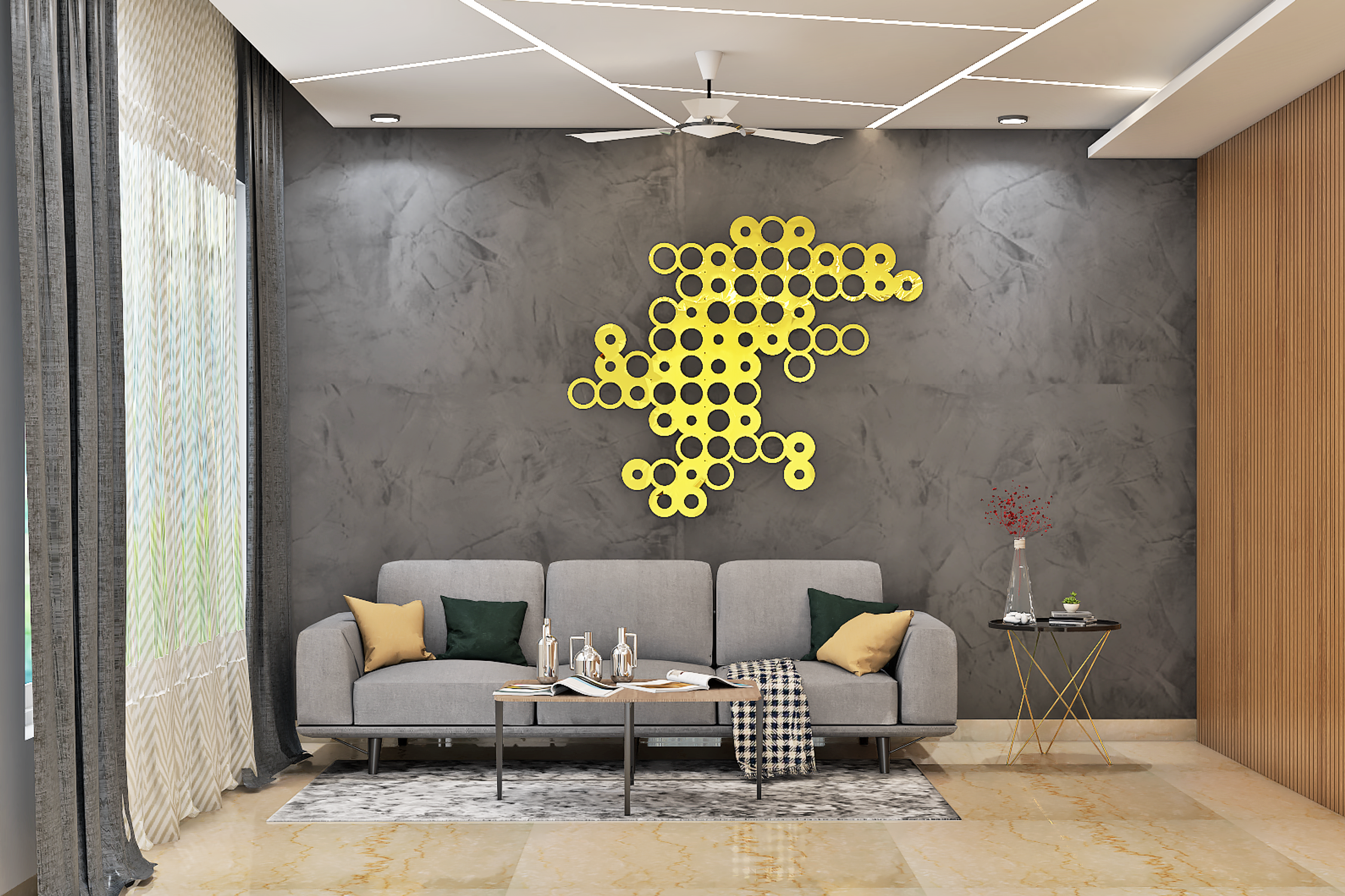 Modern Living Room Design With Grey Accent Wall And Yellow Metal Art