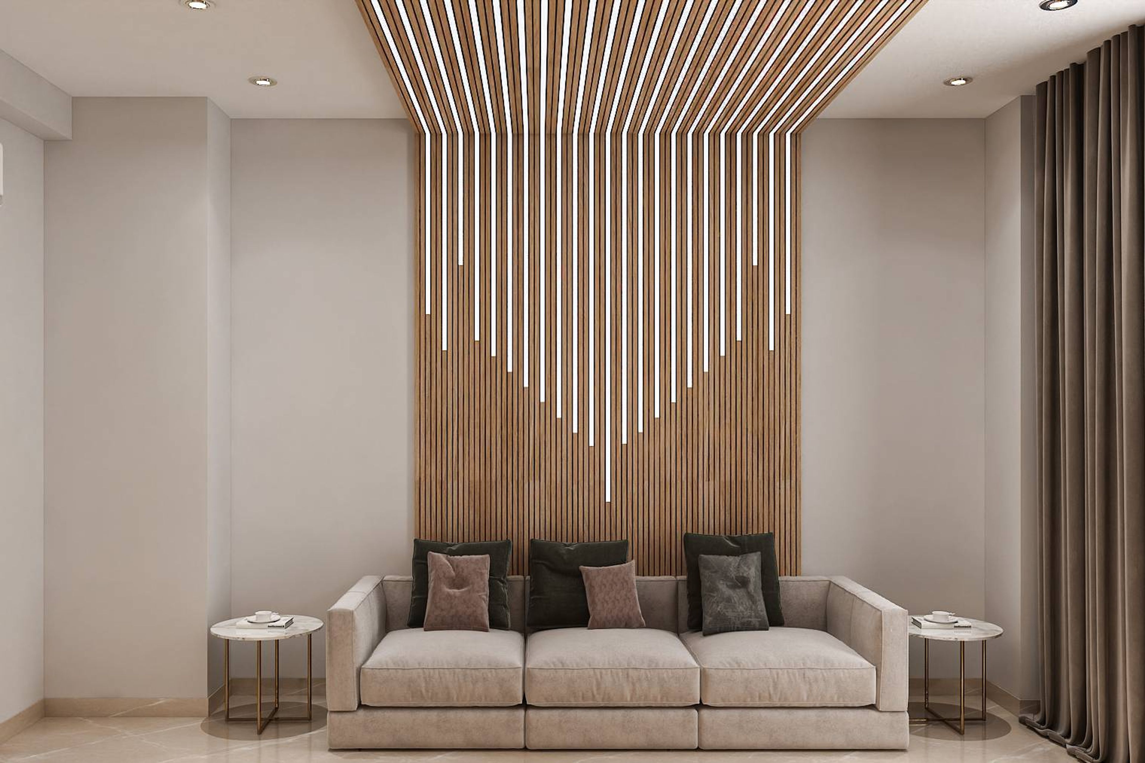 Living Room With Wooden Panel - Livspace