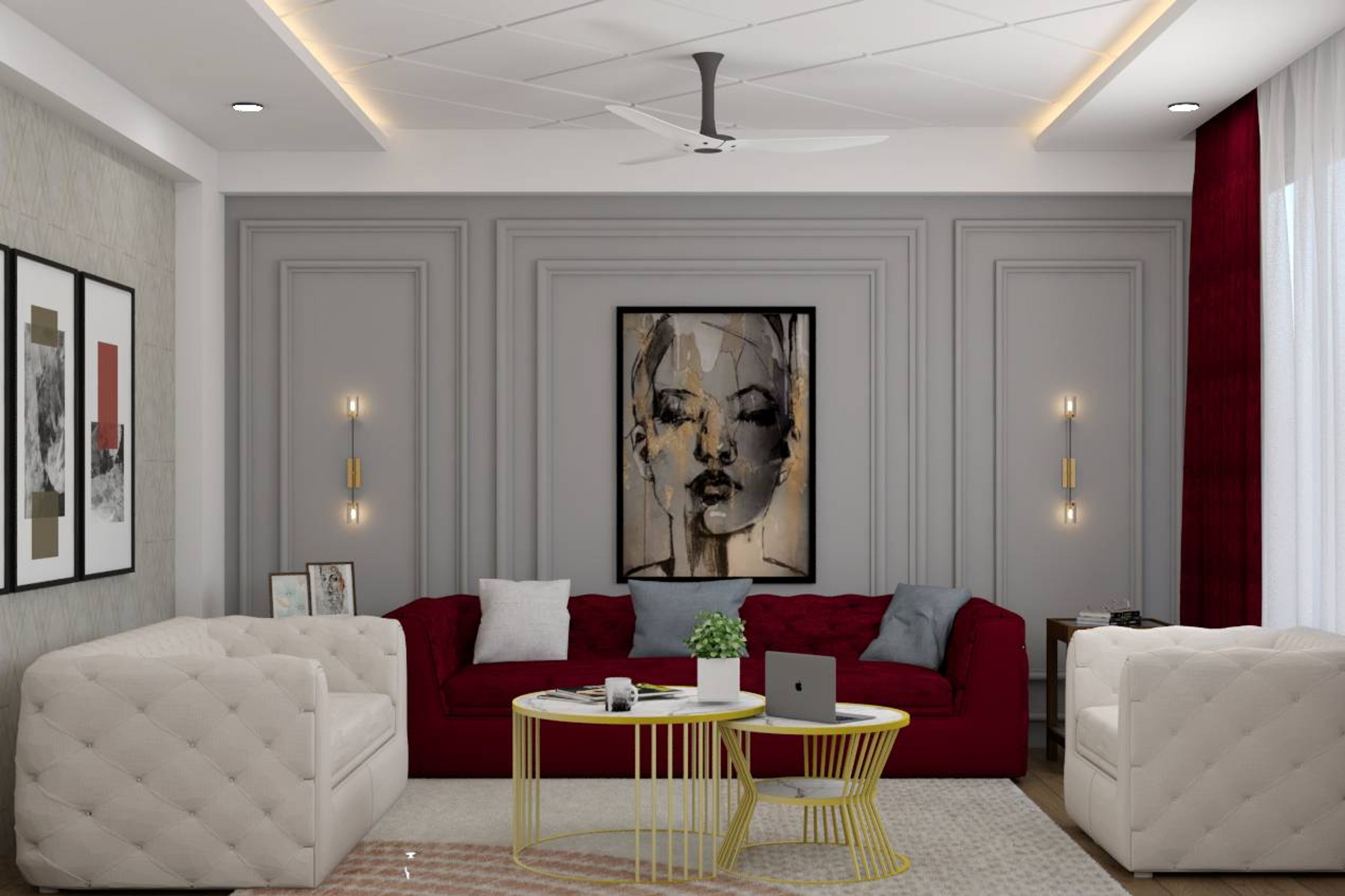 Living Room With Wine Red Couch - Livspace