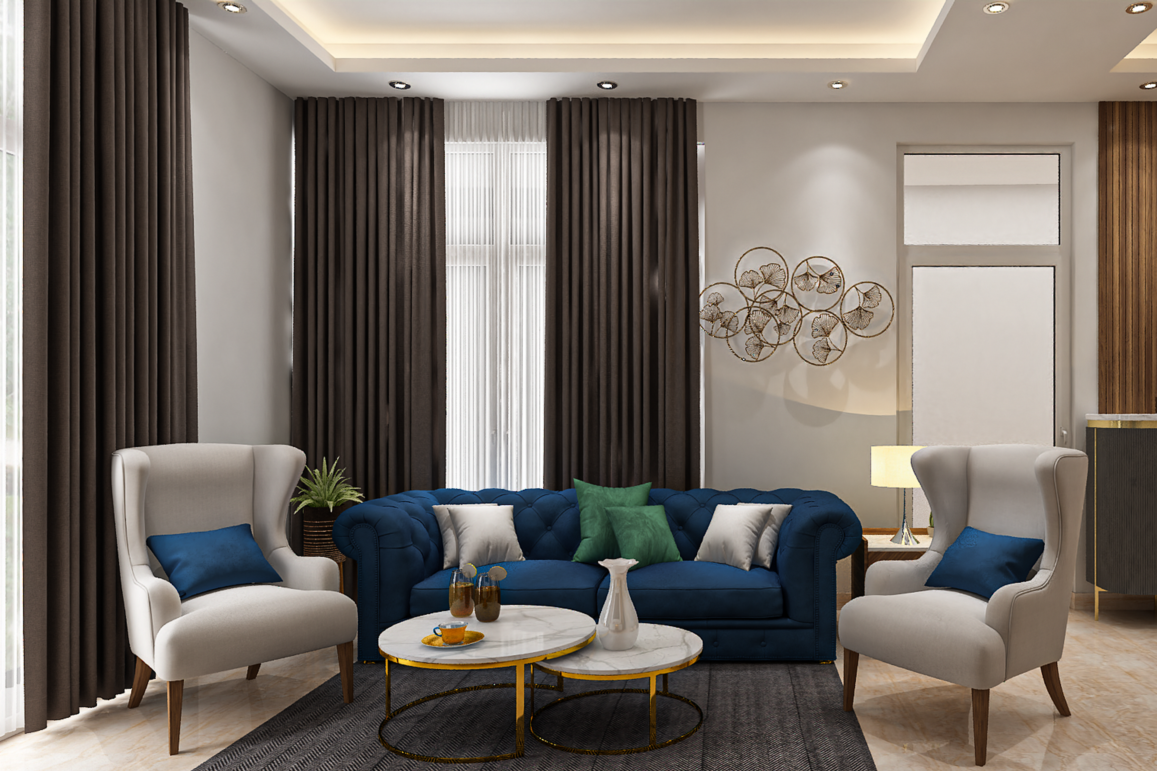 Modern Beige And Blue Living Room Design