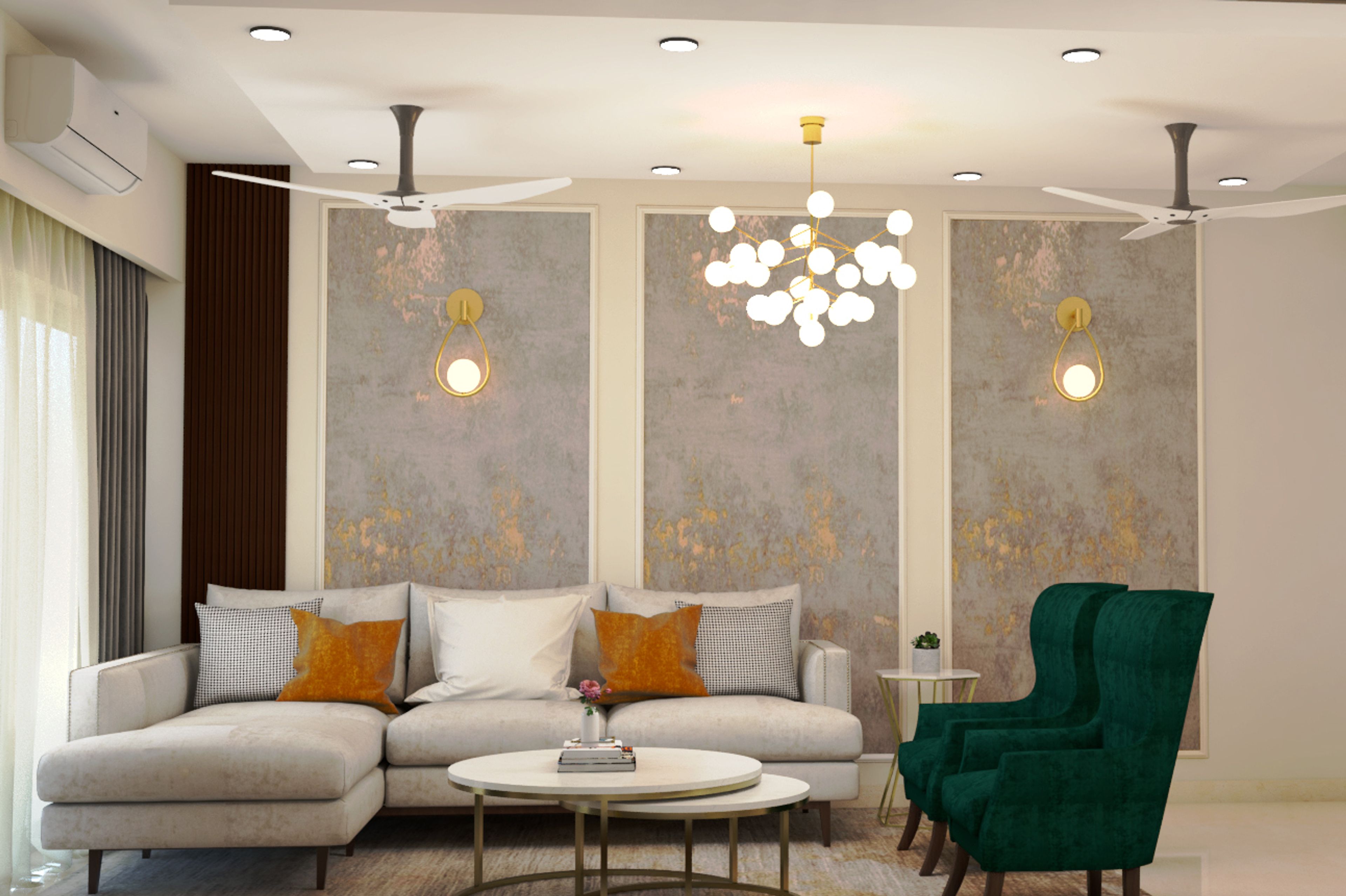 Modern L-Shaped Living Room Design With Green Accent Chairs