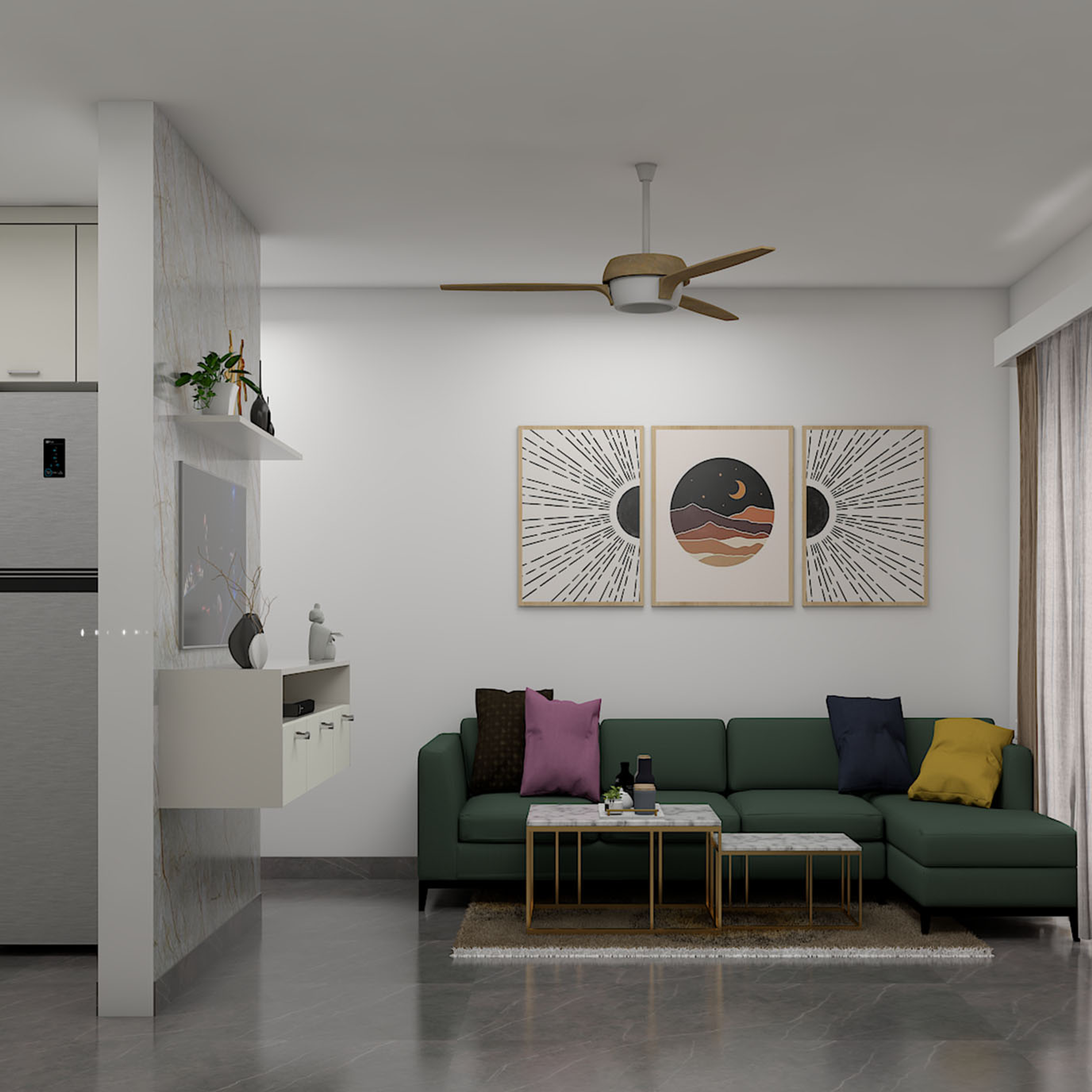 Modern Living Room Design With Green L-Shaped Sofa