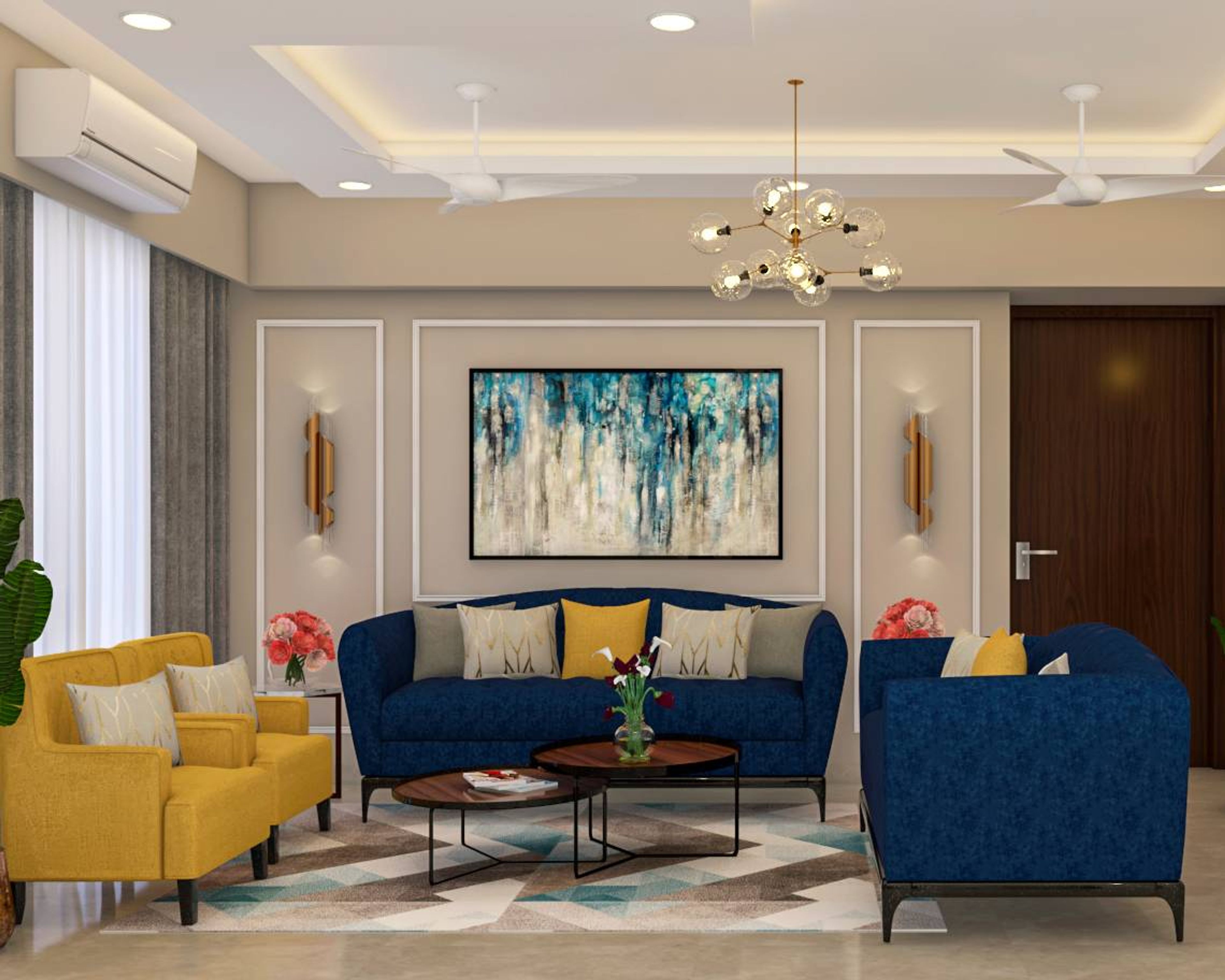 Modern Living Room With Vibrant Coloured Seaters - Livspace