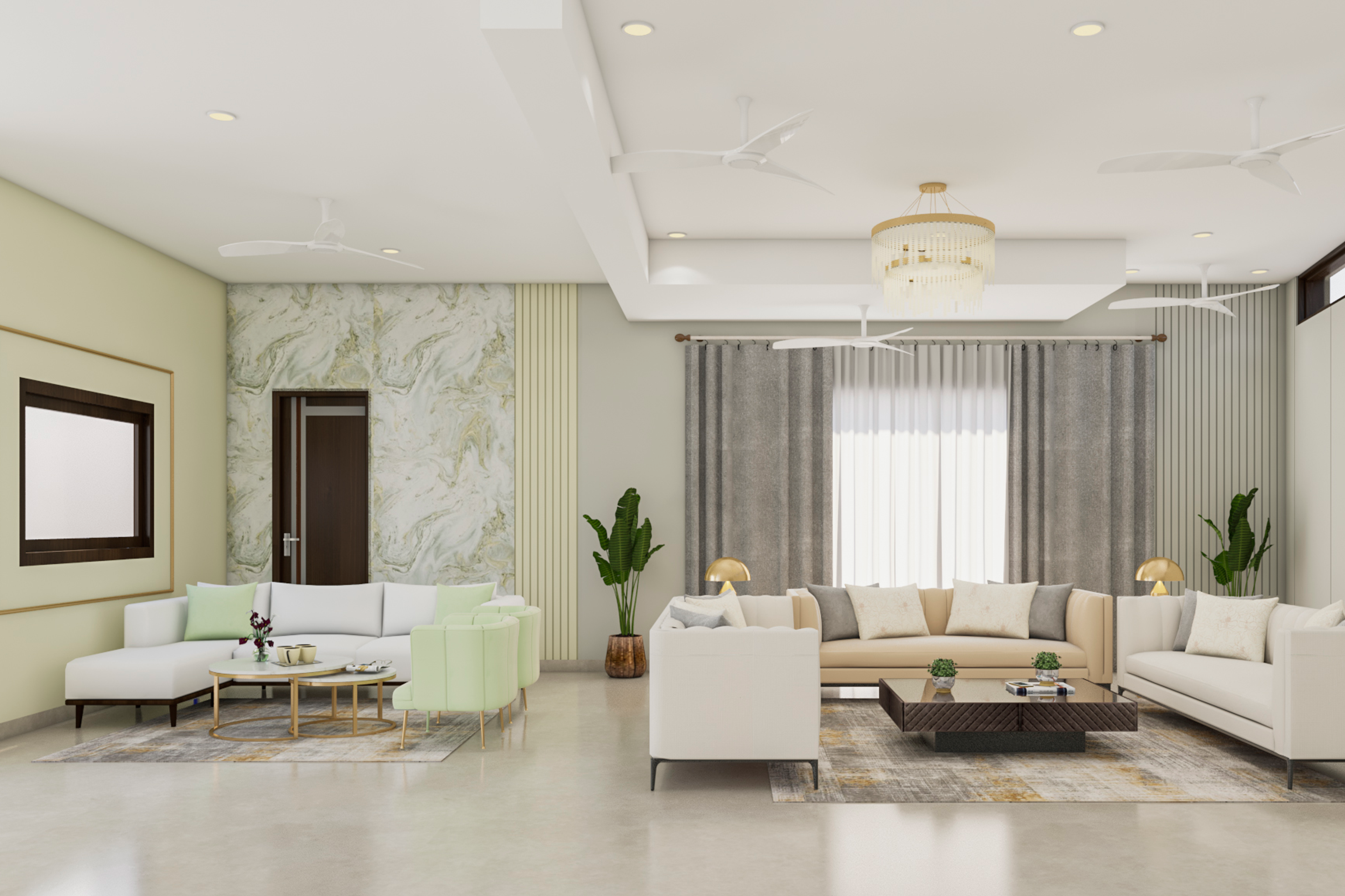 Spacious Living Room Design With Two Sofa Sets