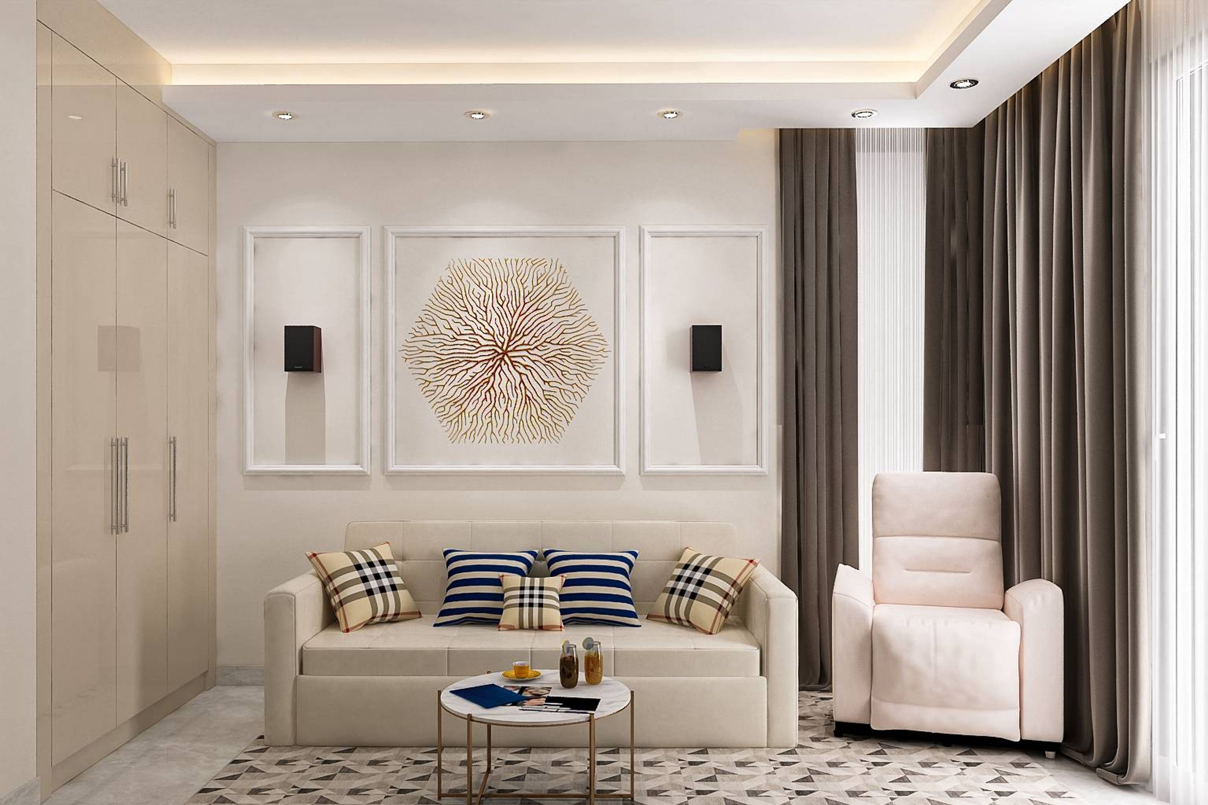 Compact Living Room Design With White Trims And Beige Seater