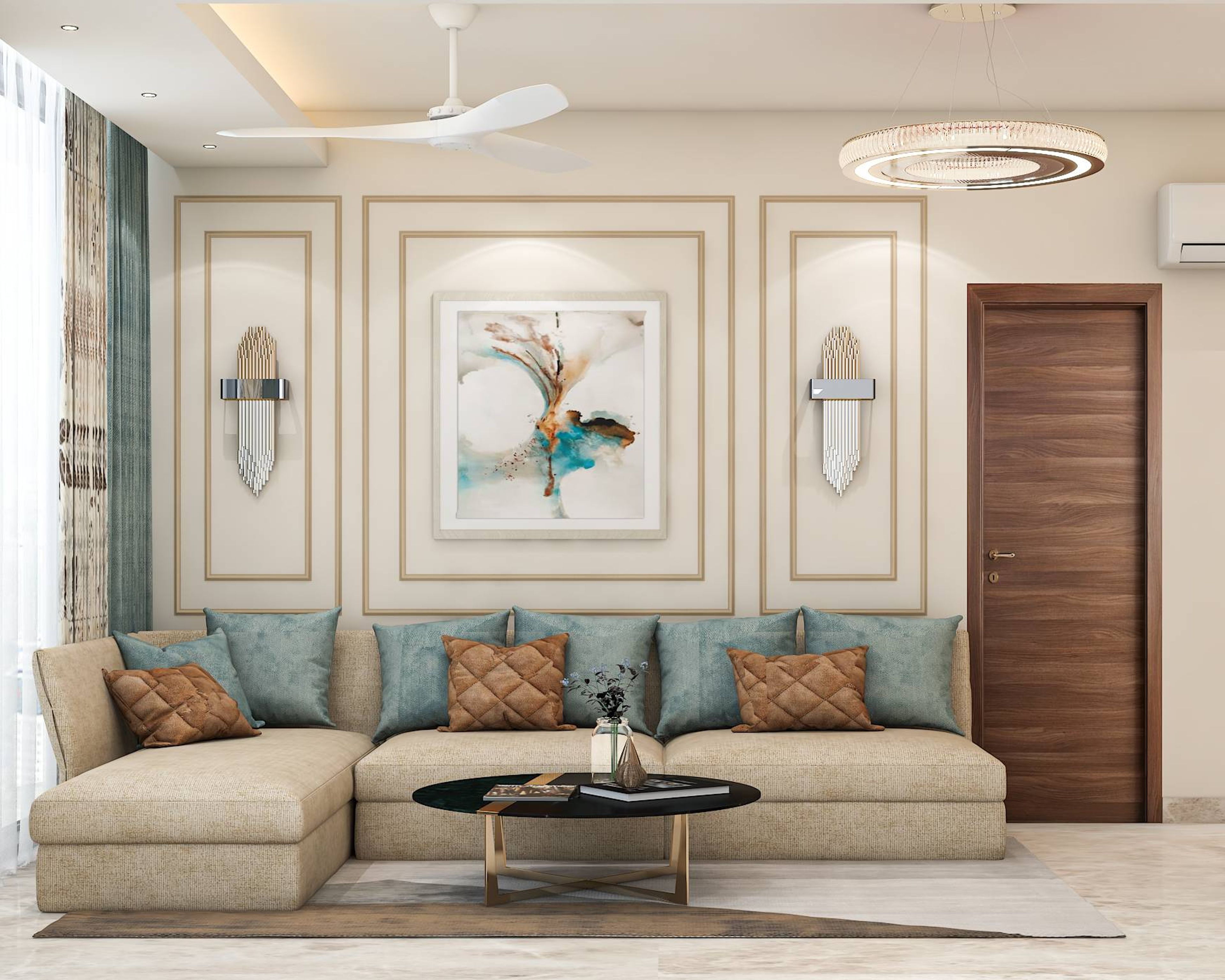 Contemporary Style Compact Living Room Design With L-Shaped Beige Sofa