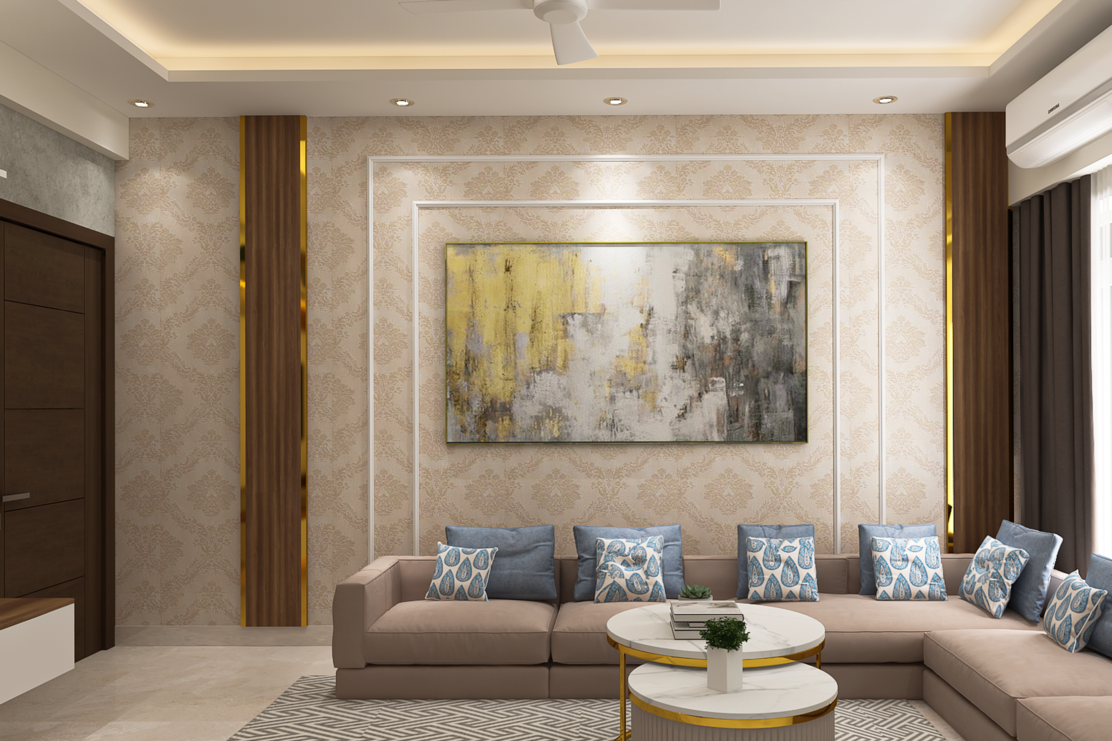 Modern Living Room Design With Damask Beige Wallpaper
