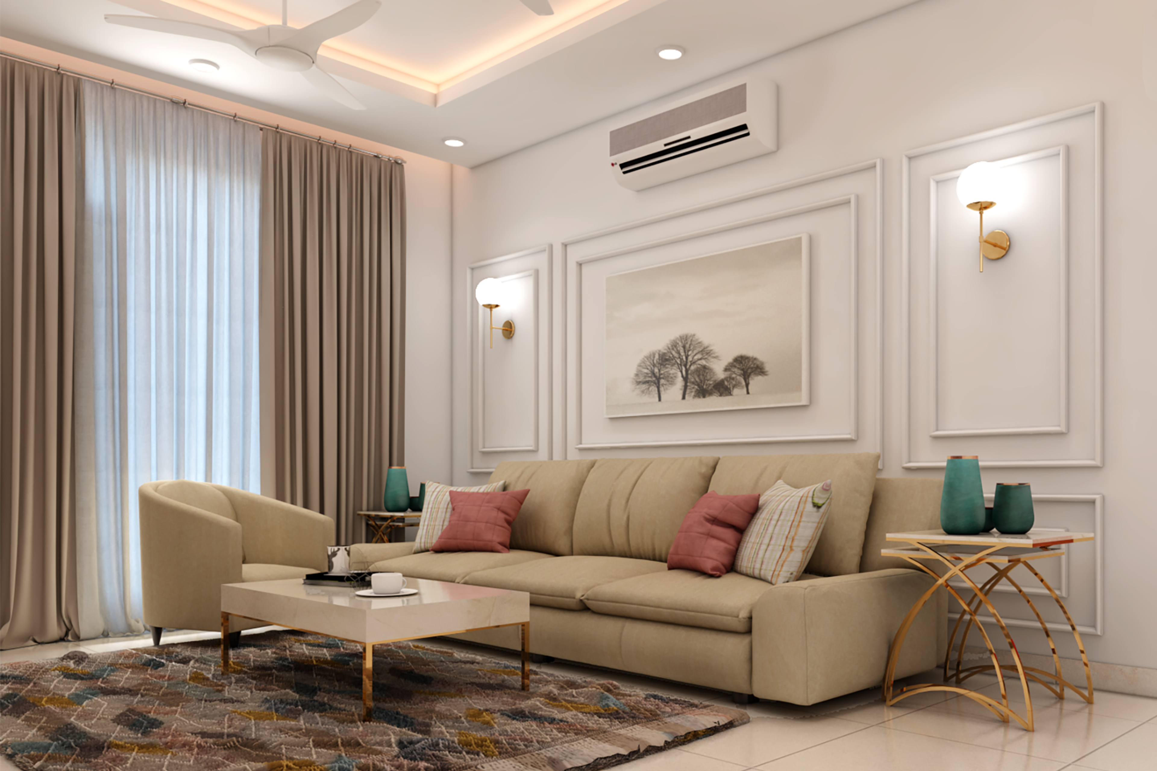 Classic Spacious Living Room Design With Beige Interiors