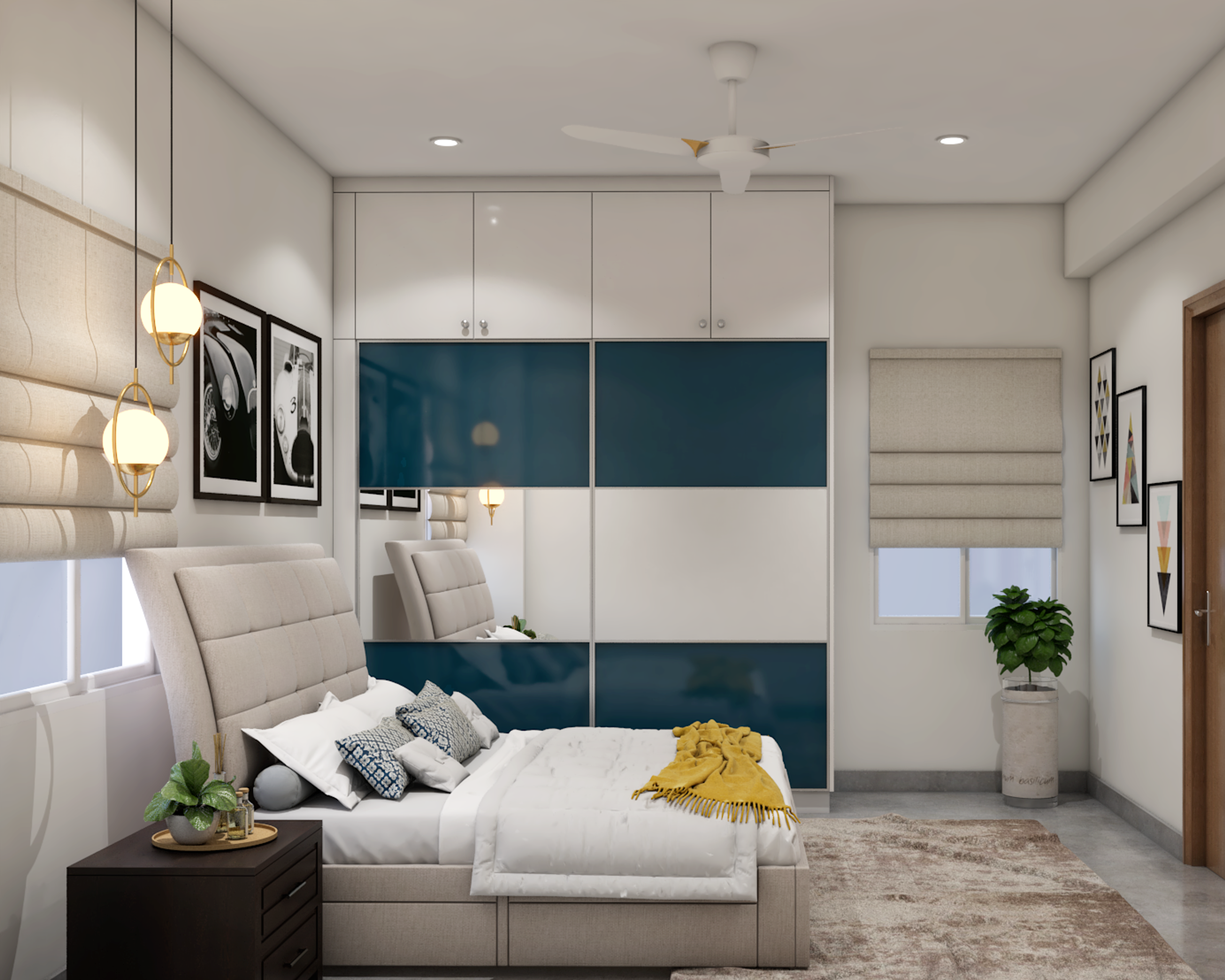 Master Bedroom Design With Blue-Tinted Sliding Wardrobe