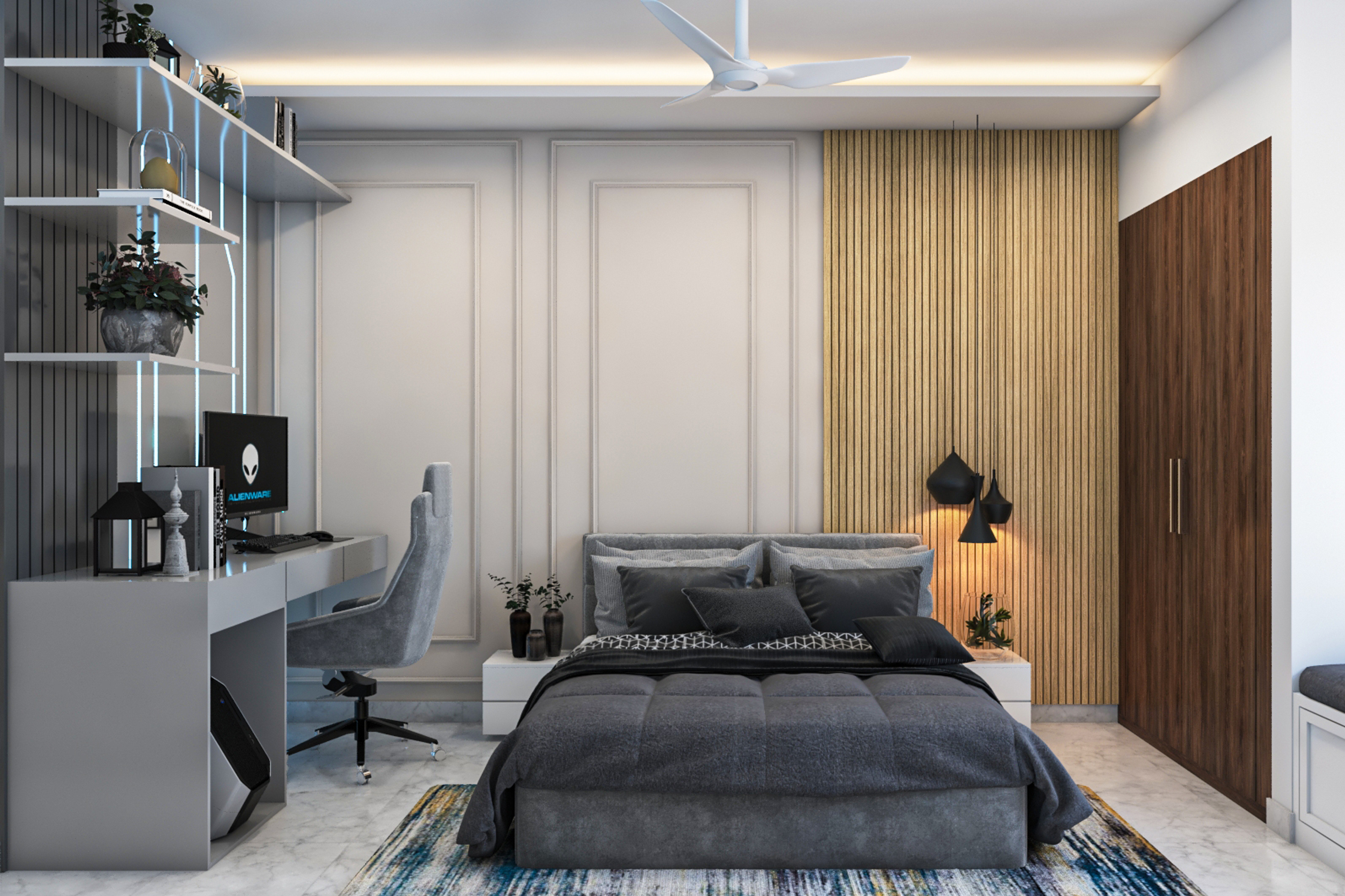 Spacious Grey Master Bedroom Design With Painted Headboard