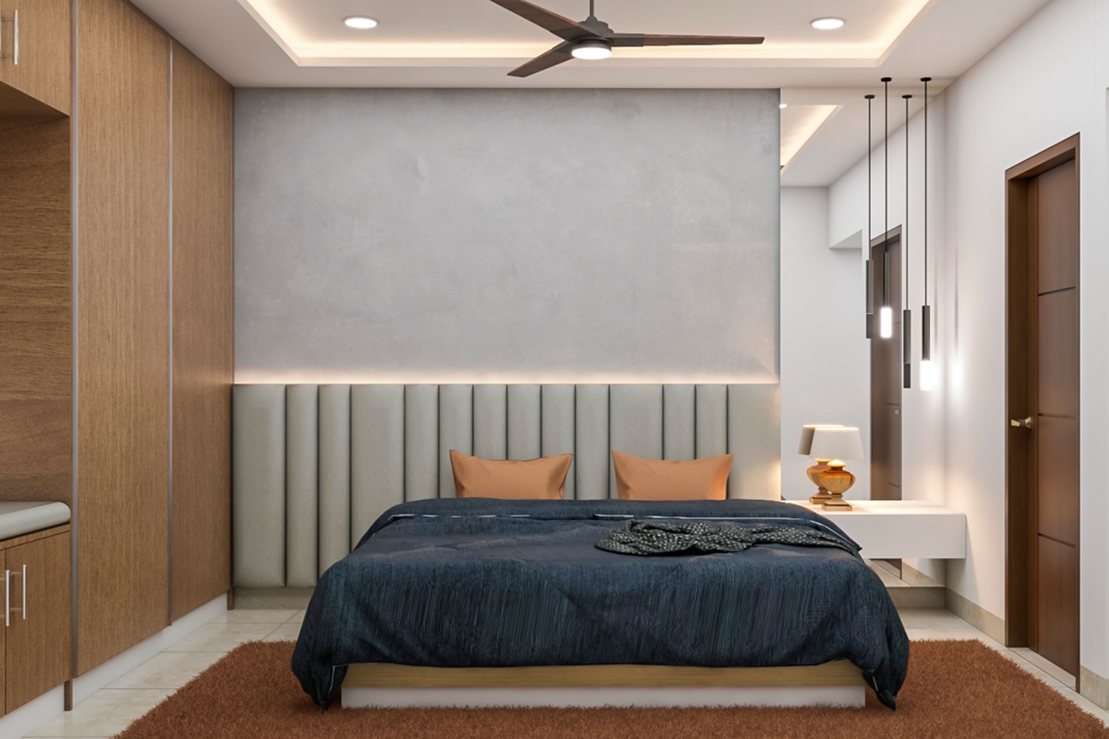 Modern Master Bedroom Design With Wood Grain Laminate Wardrobe