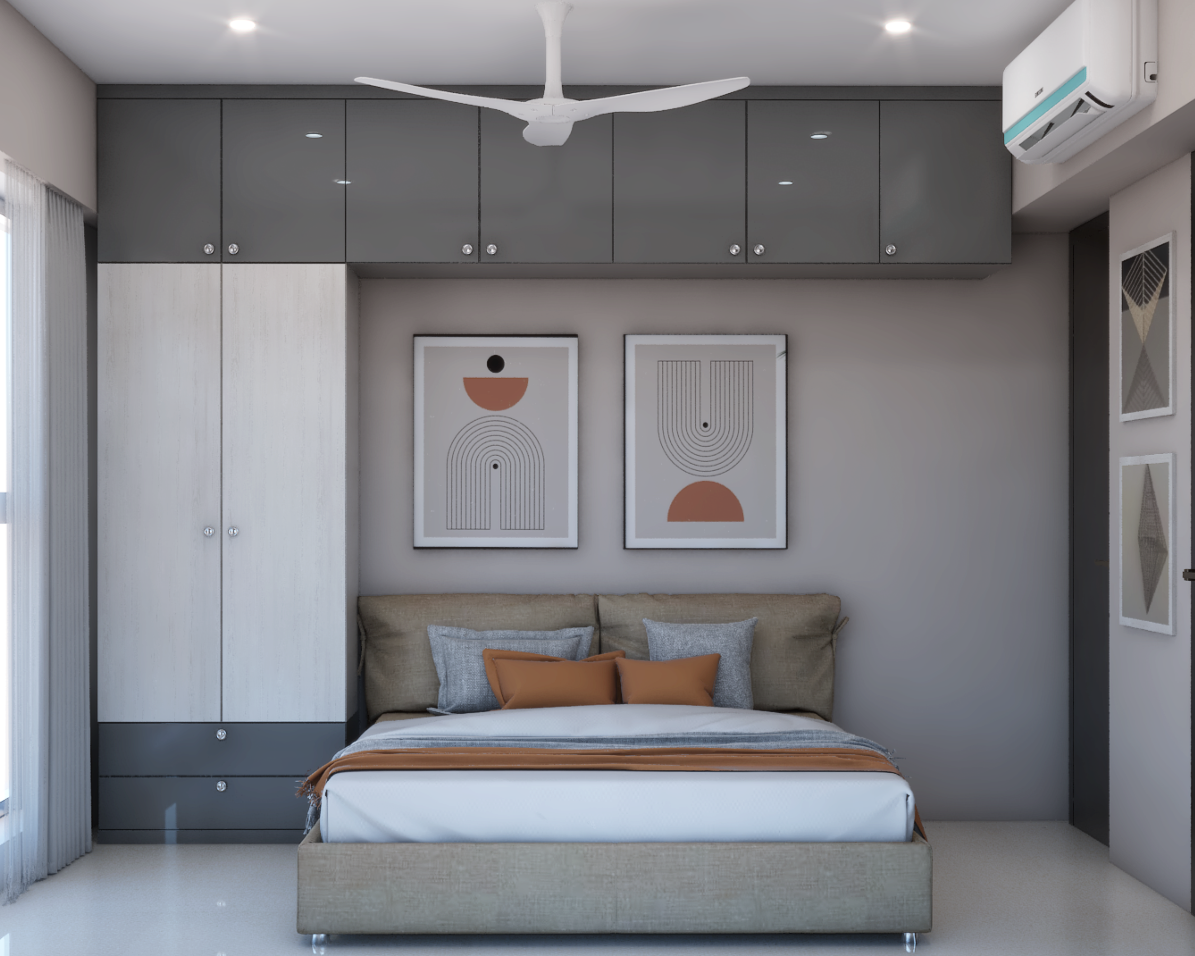 Compact Master Bedroom Design With Grey And White Wardrobe