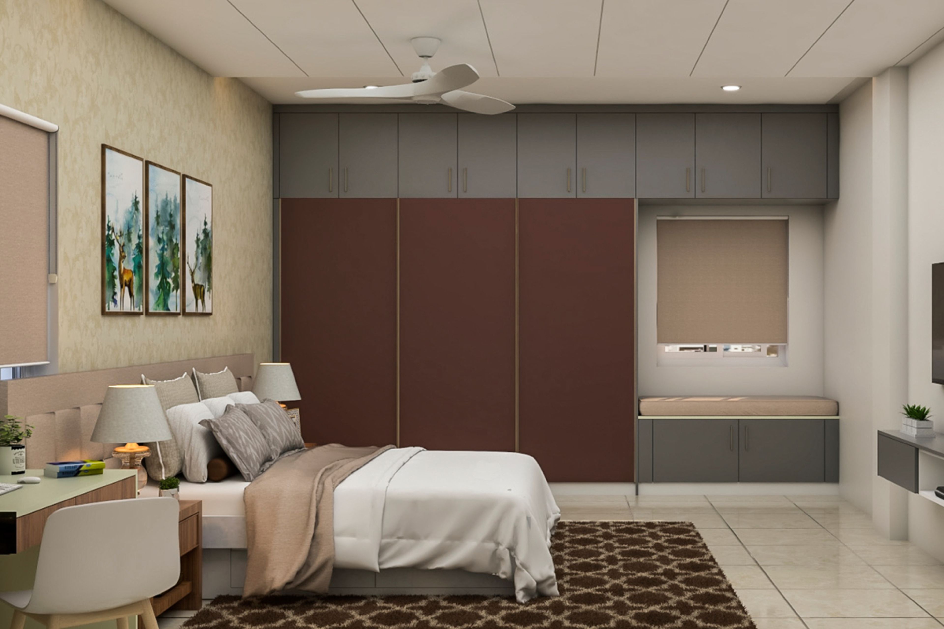 Modern Master Bedroom Design With Maroon Wardrobe Shutters And Bay Window Seating