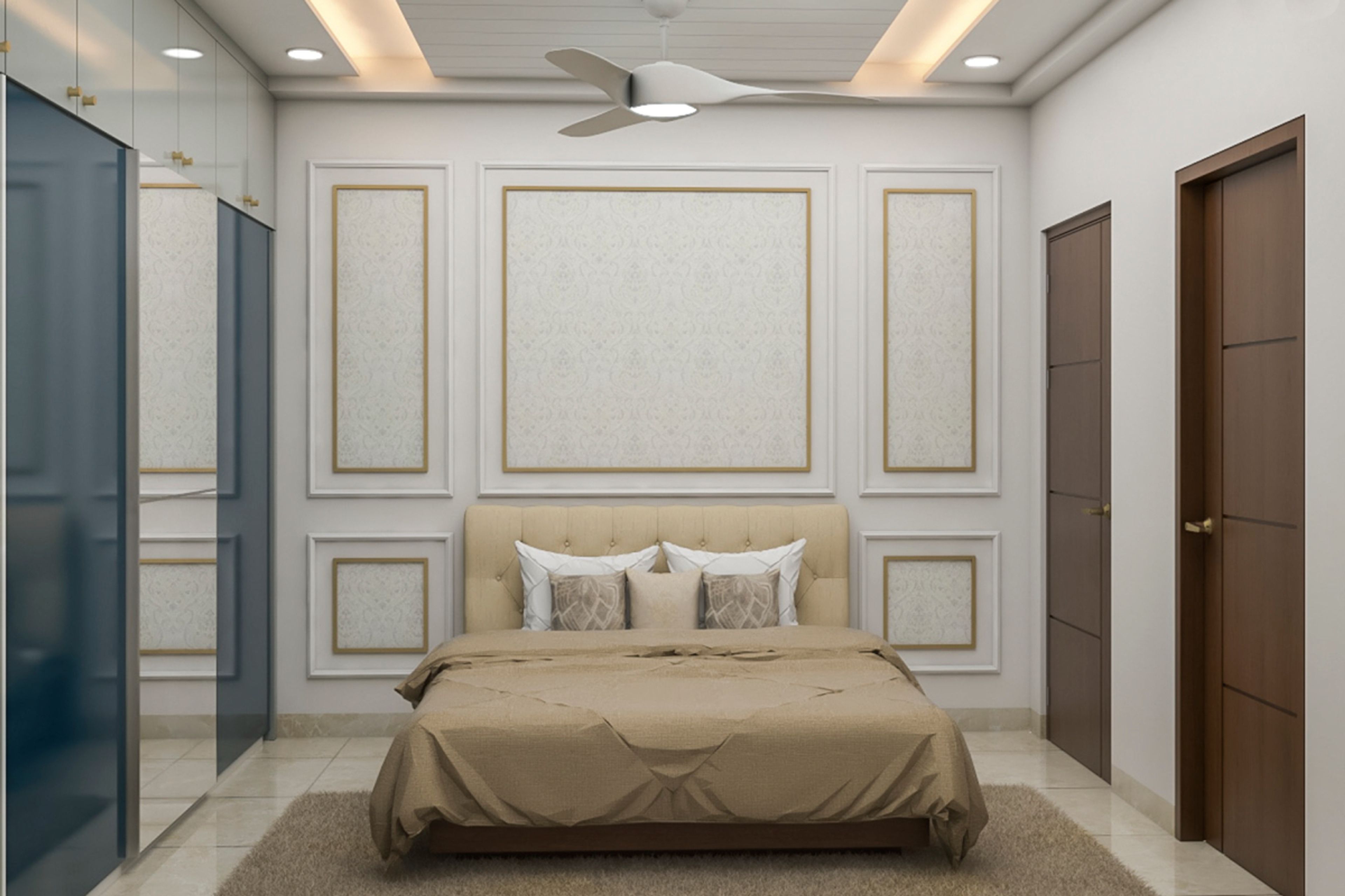 Classic Master Bedroom Design With White And Gold Wall Trims