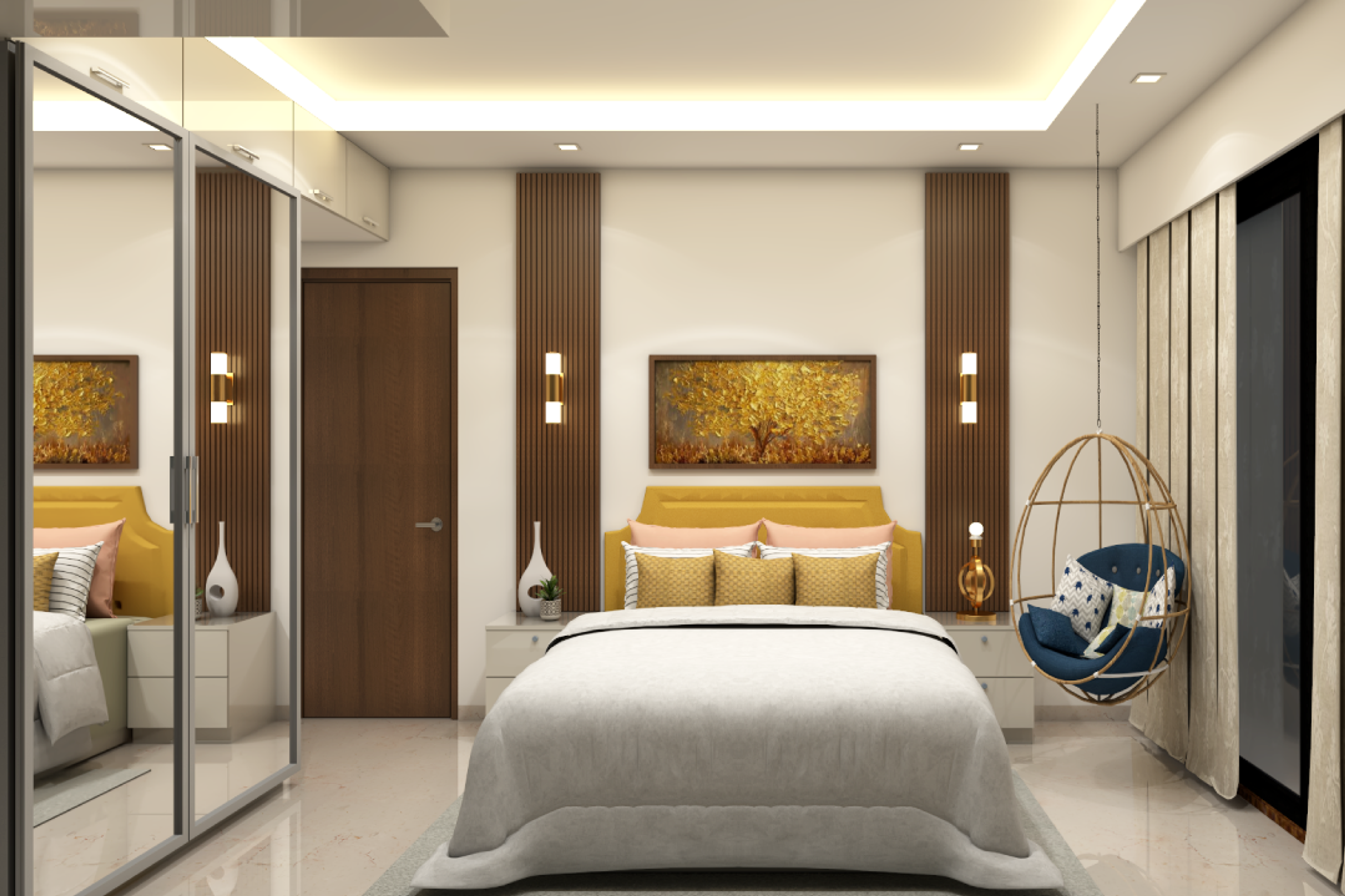 Contemporary Master Bedroom Design With Yellow Tufted Headboard