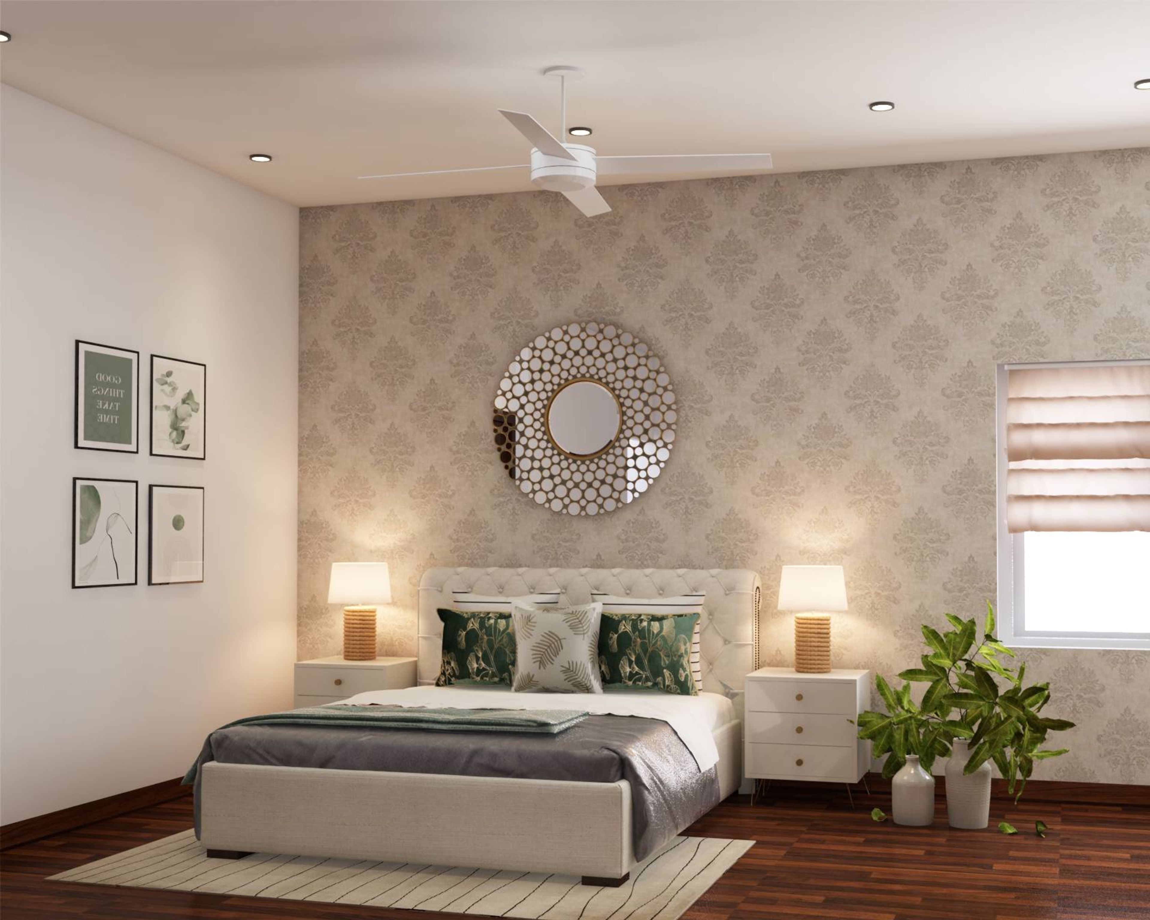 Contemporary White Master Bedroom Design With Victorian Wallpaper