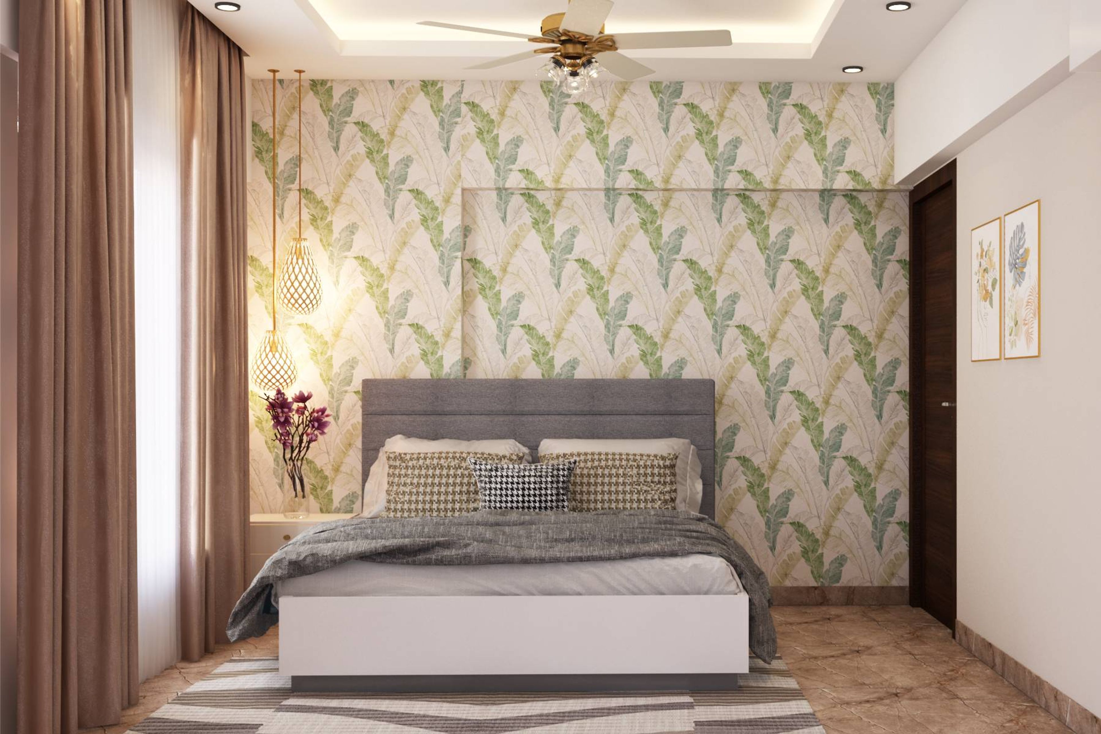 Contemporary Compact Master Bedroom Design With Leaf Wallpaper