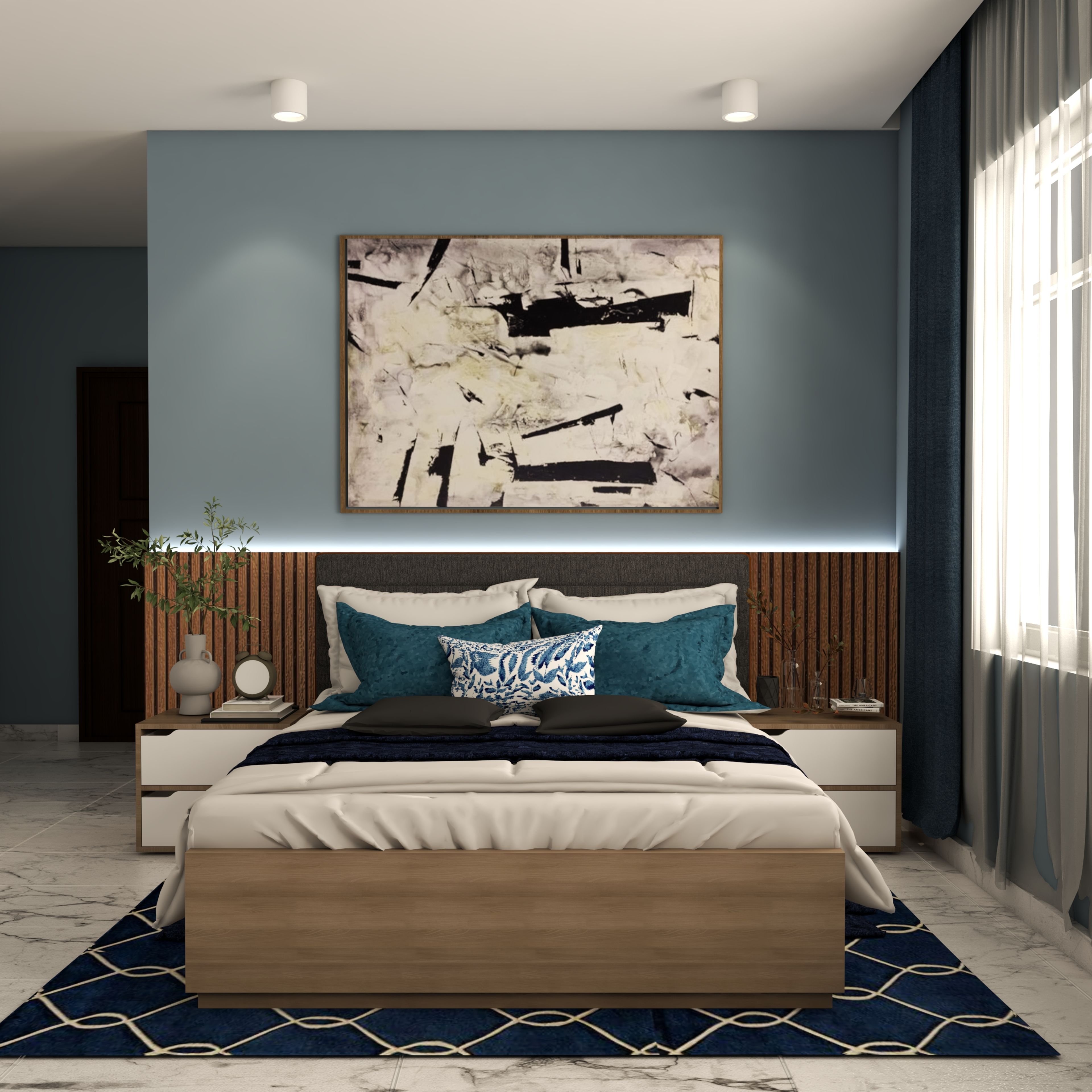 Modern Master Bedroom With Blue And Wood Accent Wall