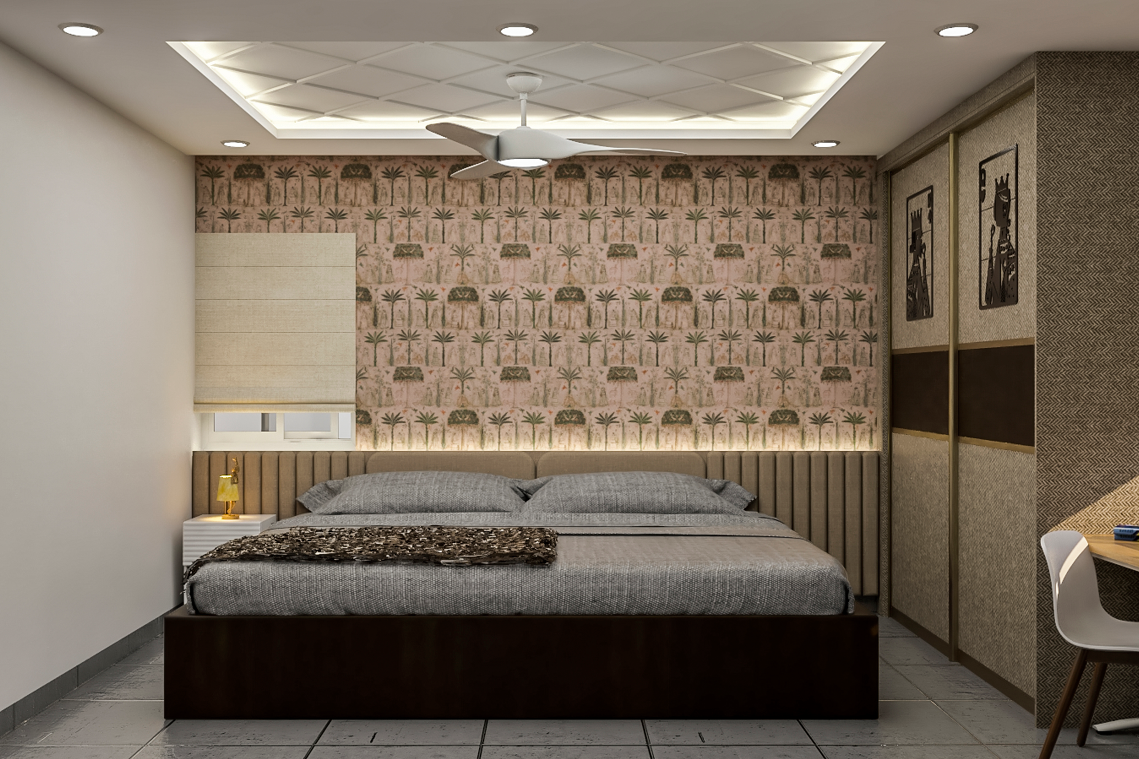 Contemporary Master Bedroom Design With Beige Textured Wardrobe