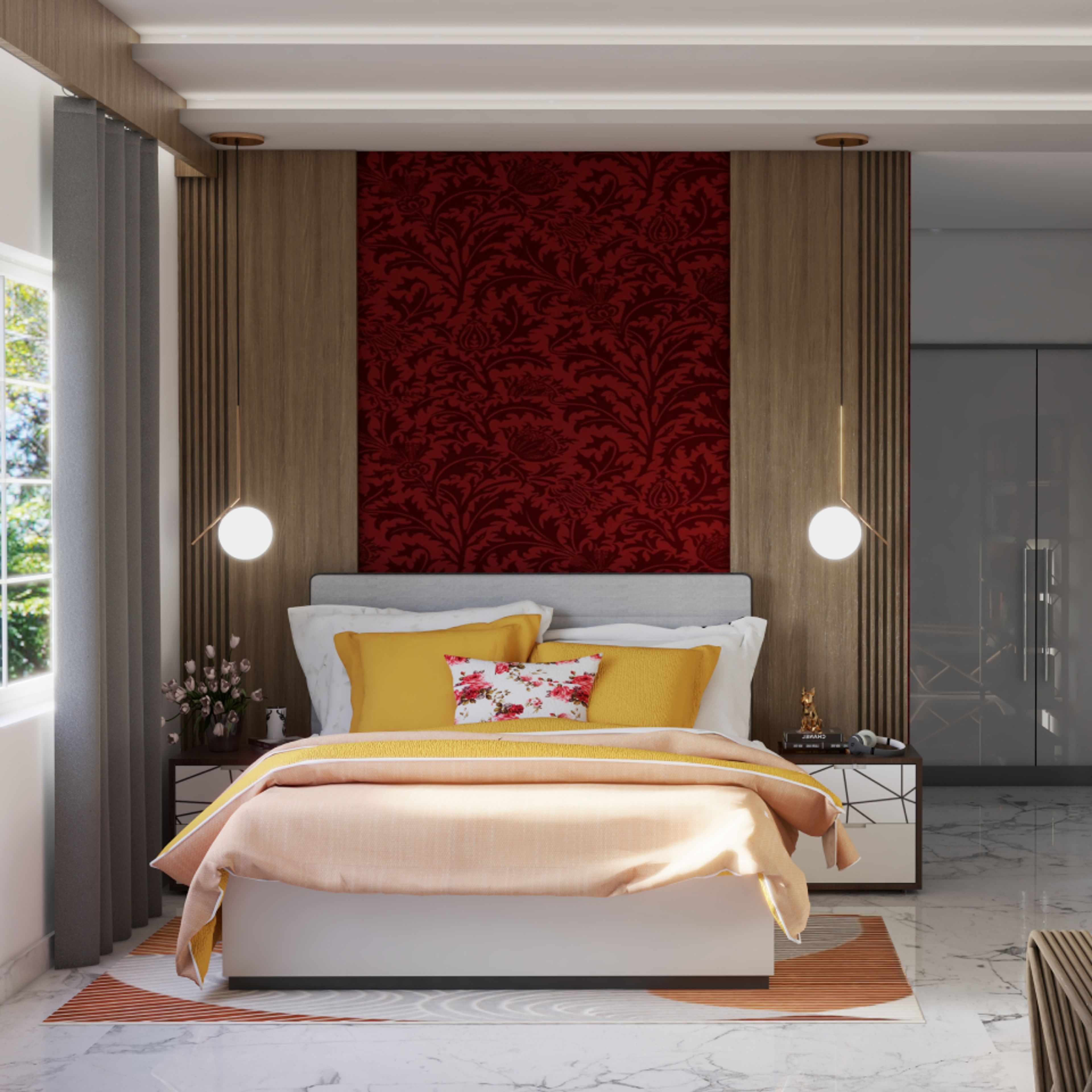Contemporary Compact Master Bedroom Design With Red Accent Wall