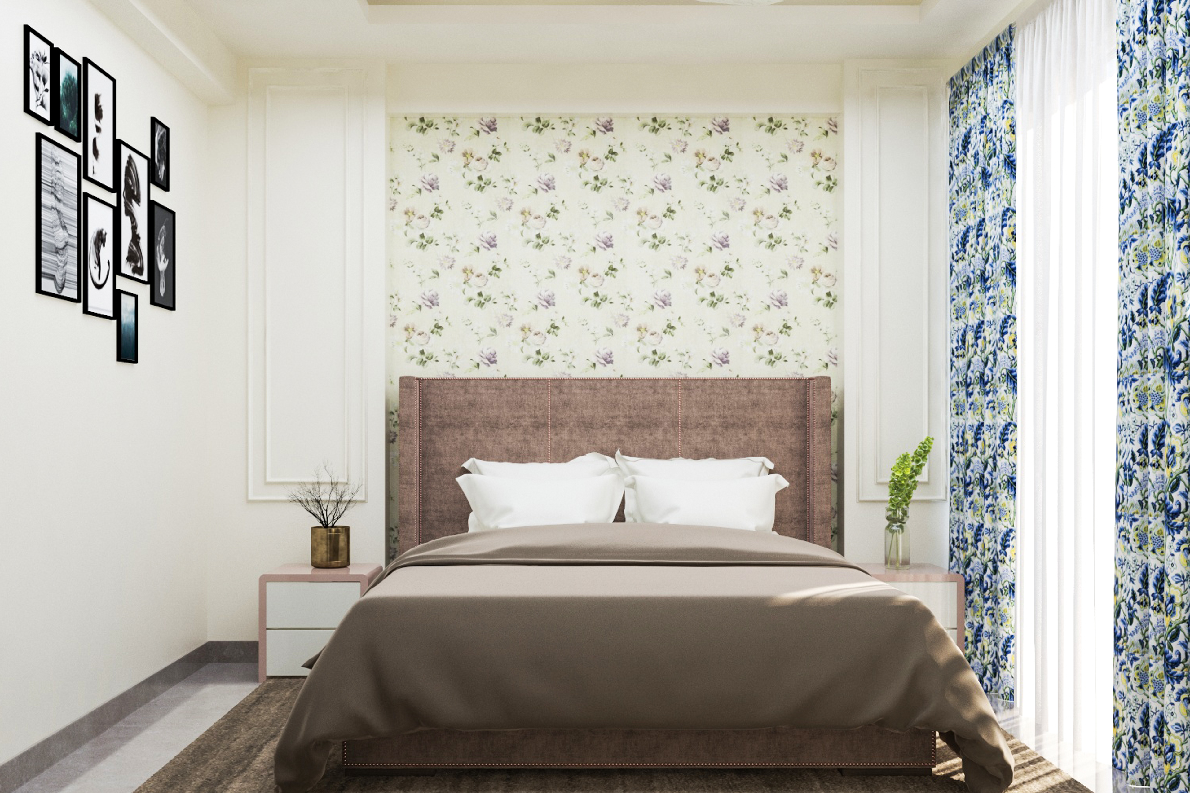 Contemporary Master Bedroom Design With White Floral Wallpaper